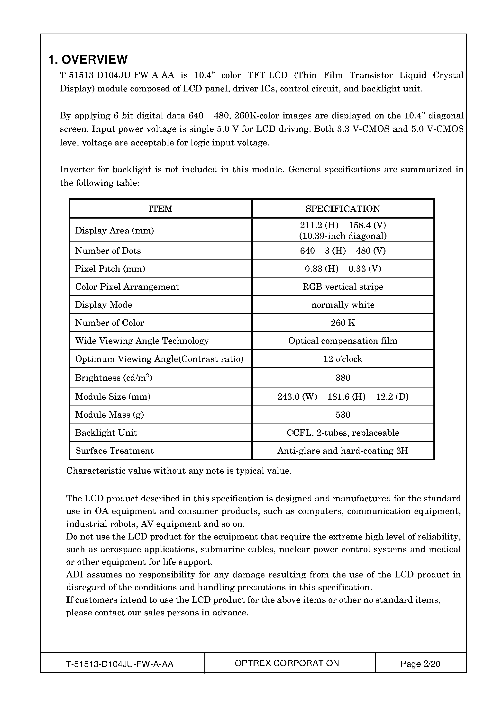 Datasheet T-51513D104JU-FW_A_AA page 2 Datasheet T-51513D104JU-FW_A_AA - LCD_Module page 2