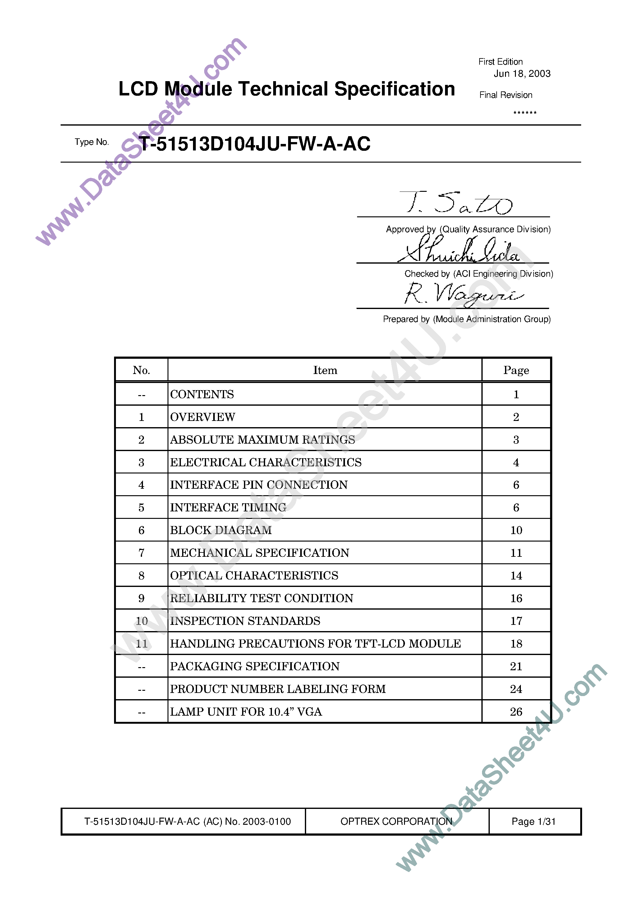 Datasheet T-51513D104JU-FW_A_AC - LCD_Module page 1