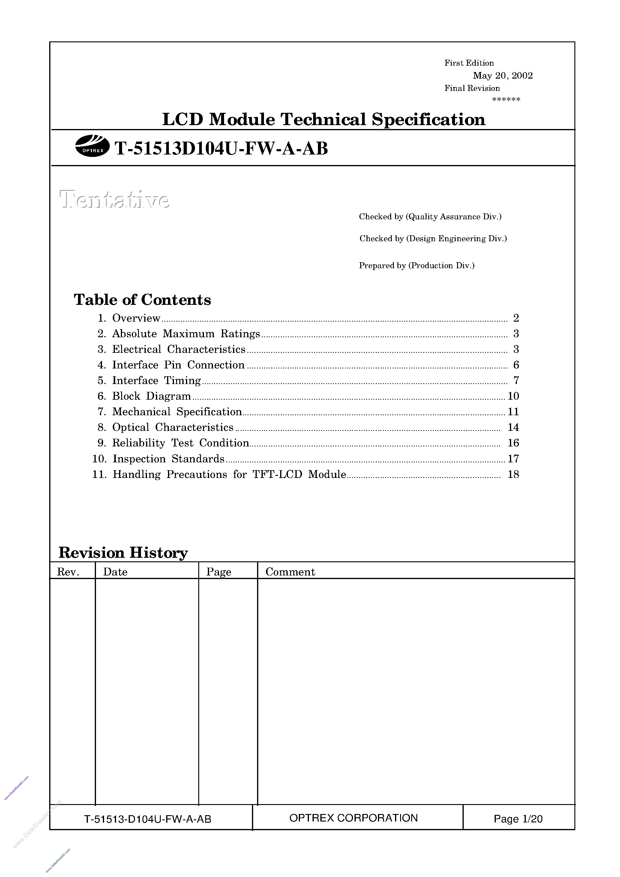 Datasheet T-51513D104U-FW_A_AB - LCD_Module page 1