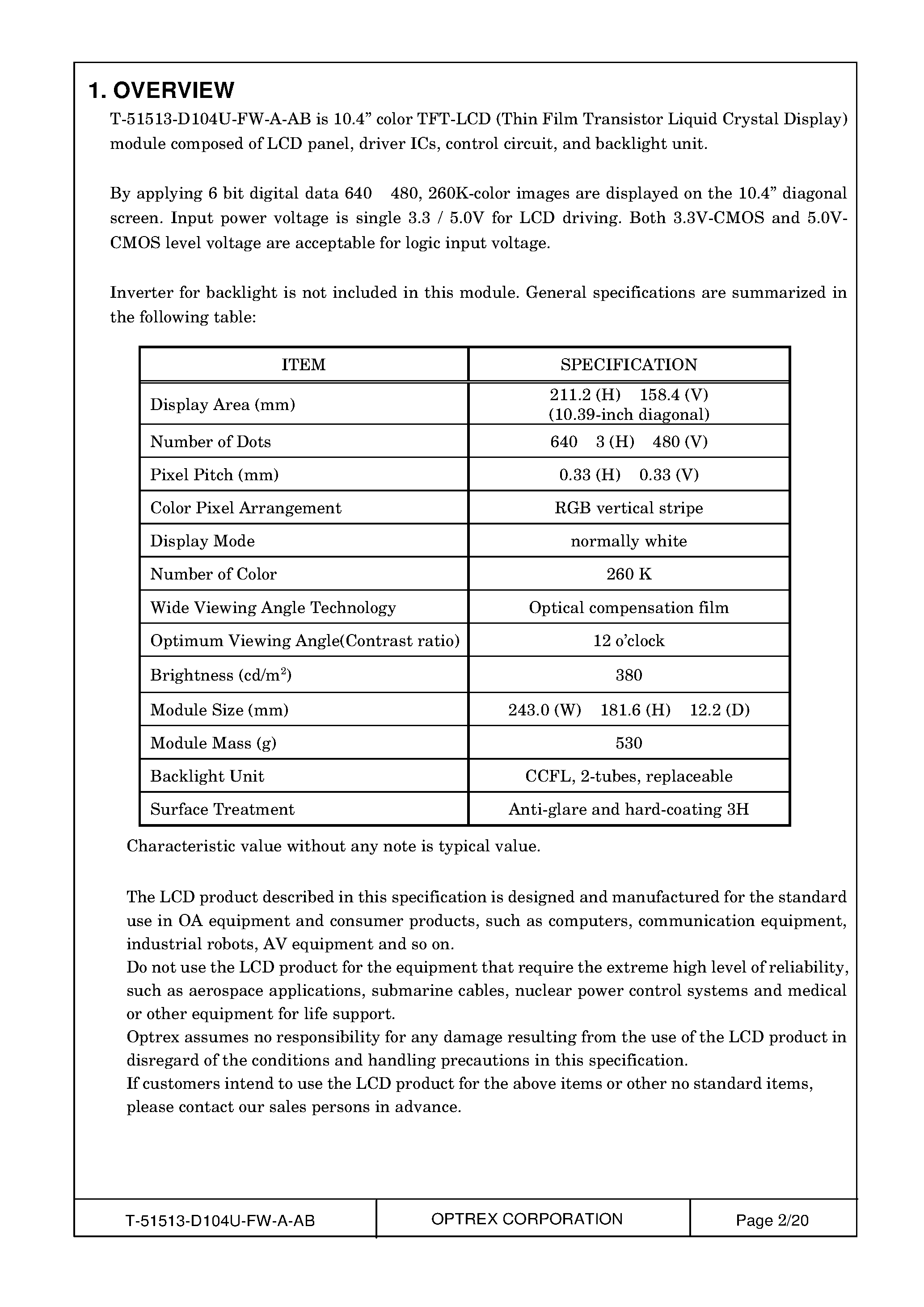 Datasheet T-51513D104U-FW_A_AB - LCD_Module page 2