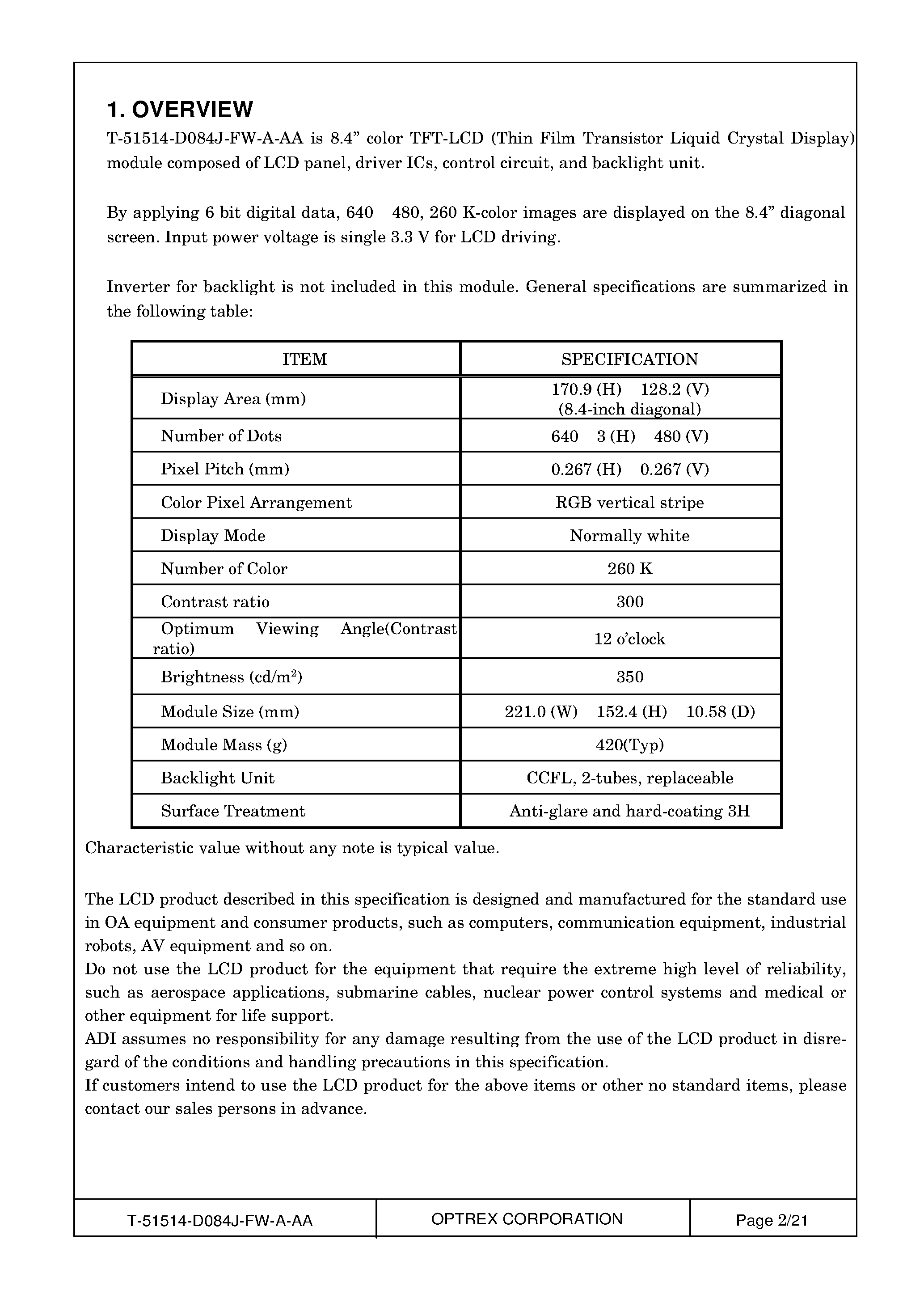 Datasheet T-51514D084J-FW_A_AA - LCD_Module page 2