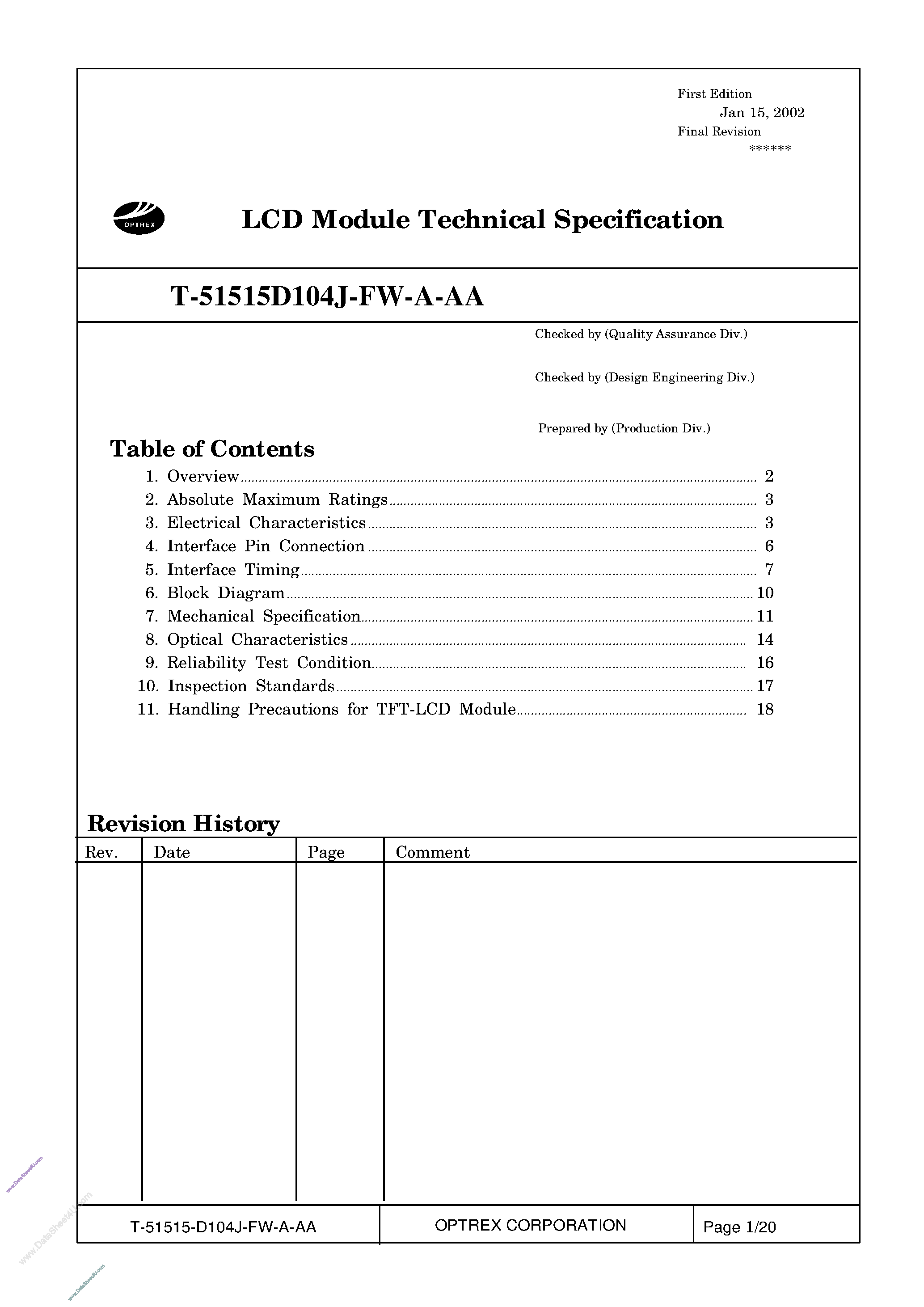 Datasheet T-51515D104J-FW_A_AA - LCD_Module page 1