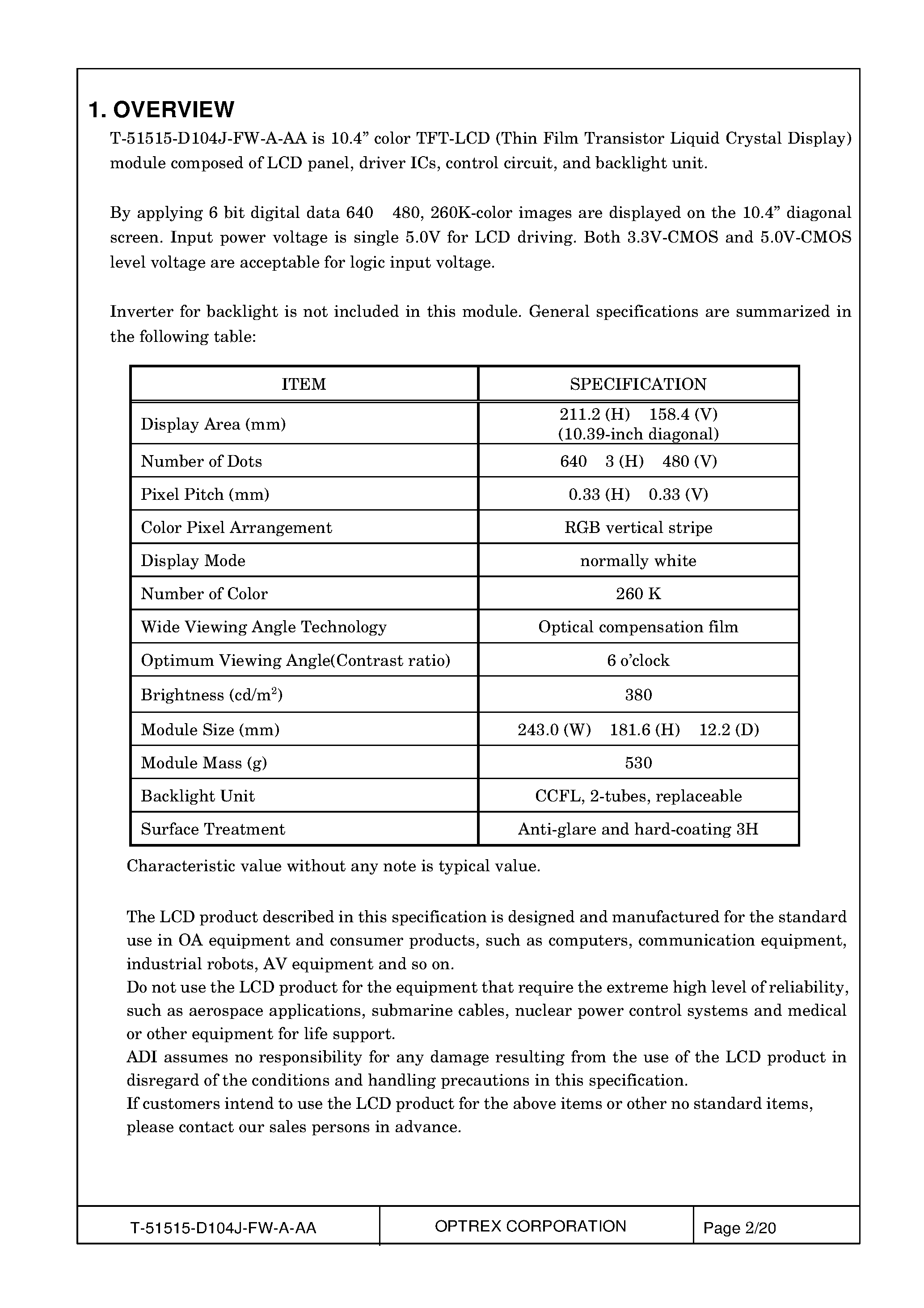 Datasheet T-51515D104J-FW_A_AA - LCD_Module page 2
