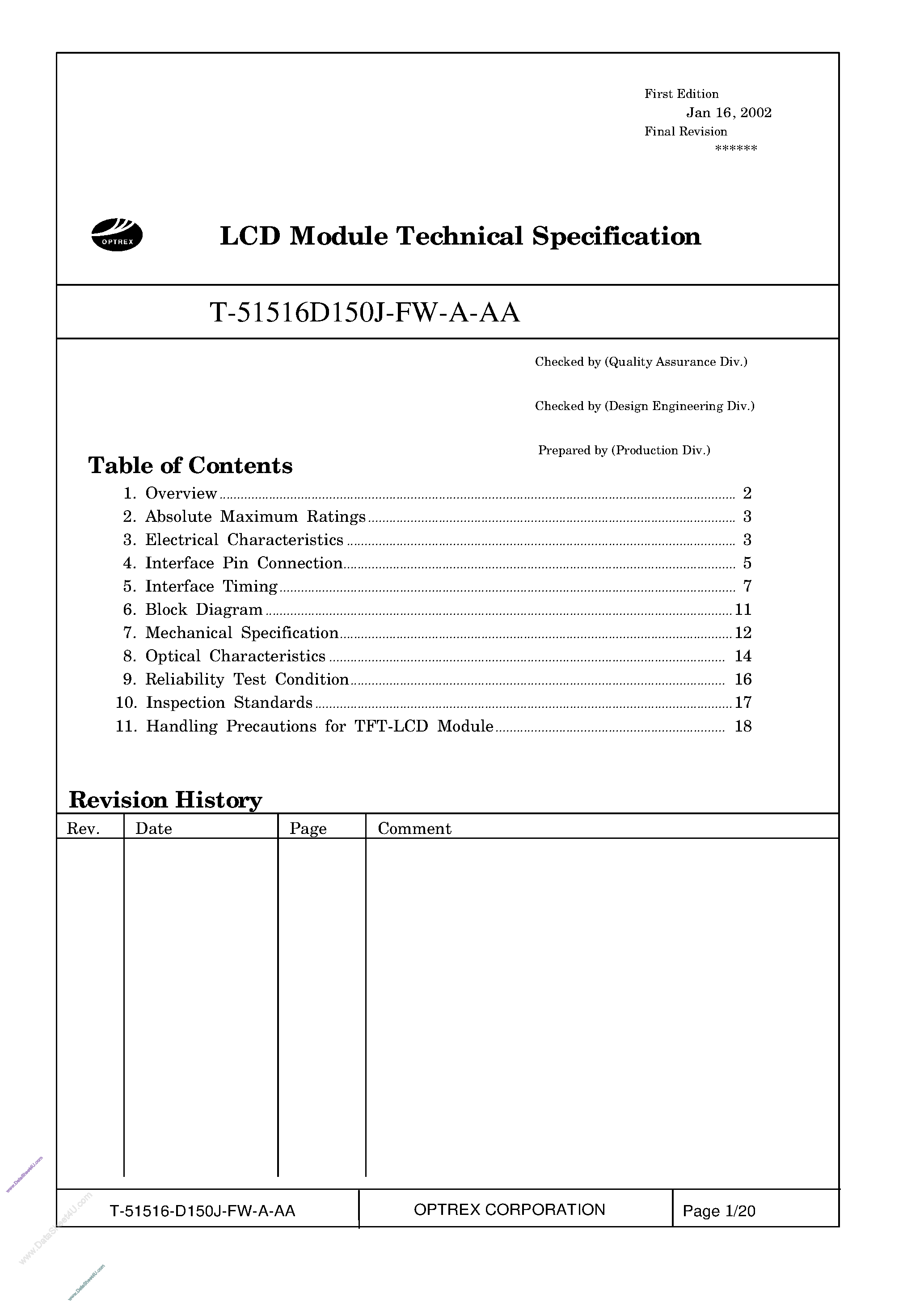 Datasheet T-51516D150J-FW_A_AA - LCD_Module page 1