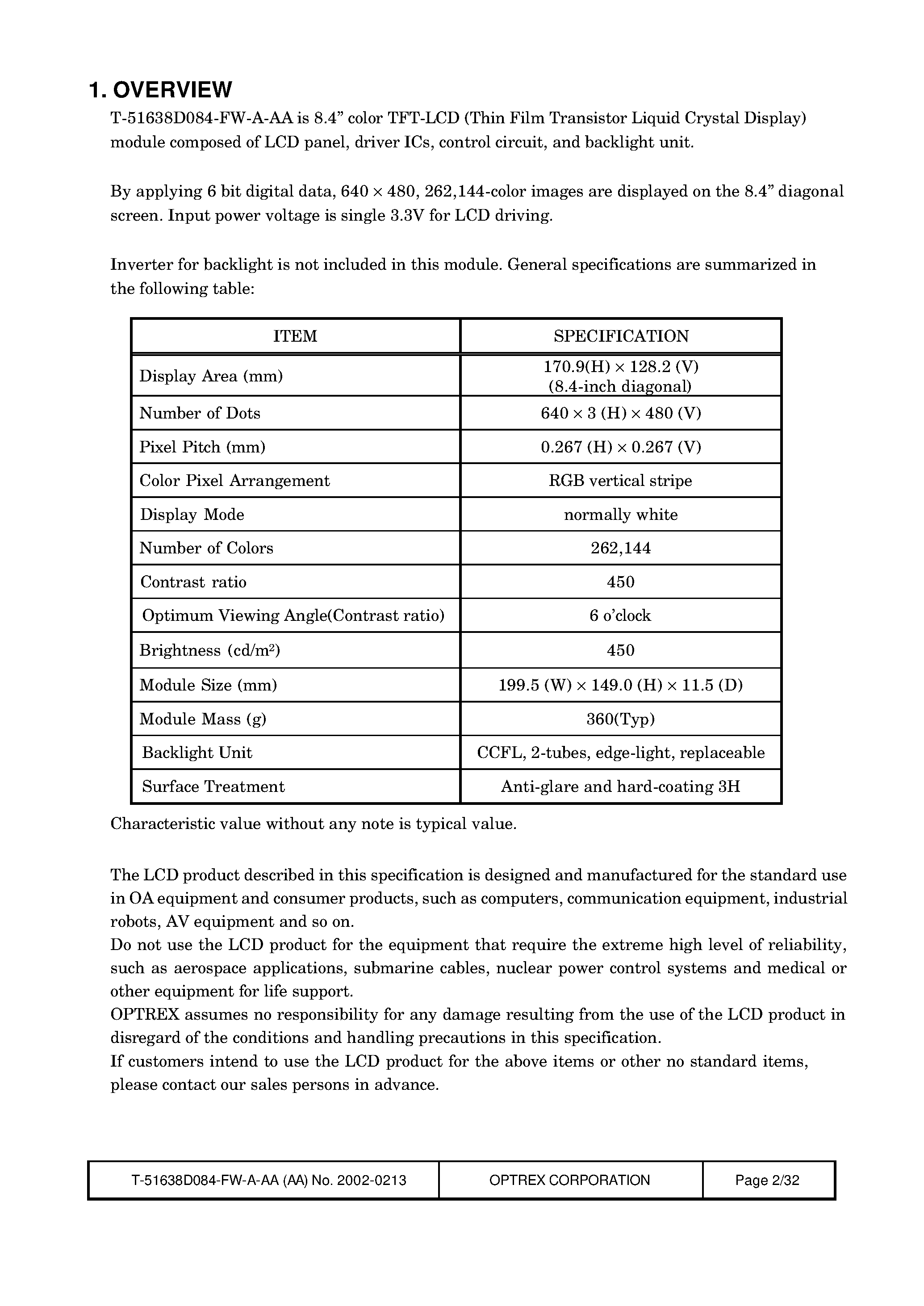Datasheet T-51638D084-FW_A_AA - LCD_Module page 2