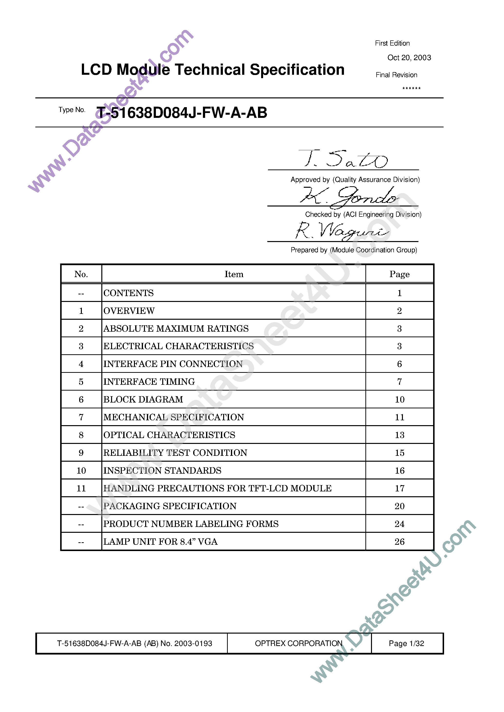 Datasheet T-51638D084J-FW_A_AB - LCD_Module page 1