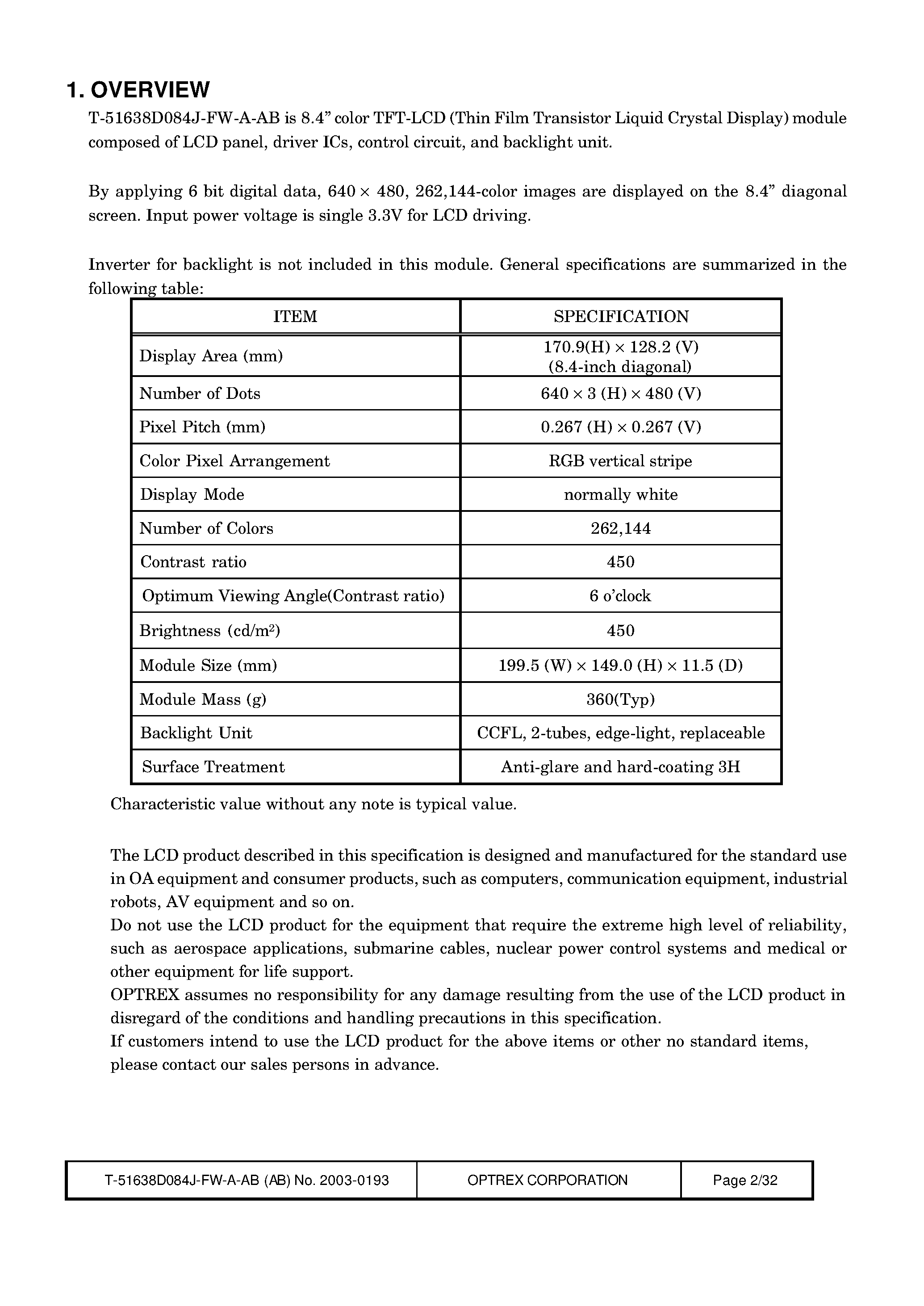 Datasheet T-51638D084J-FW_A_AB - LCD_Module page 2