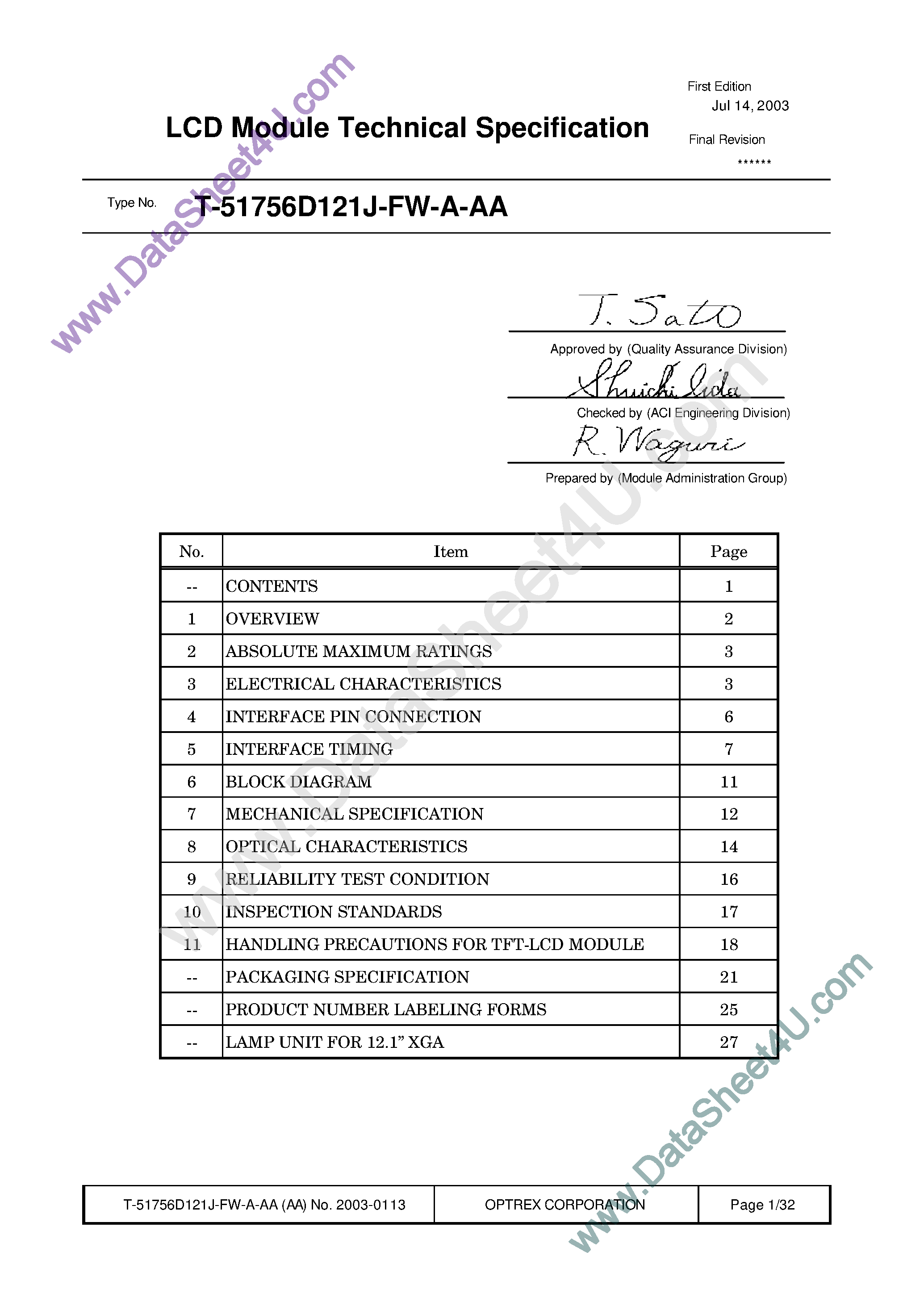 Datasheet T-51756D121J-FW_A_AA - LCD_Module page 1