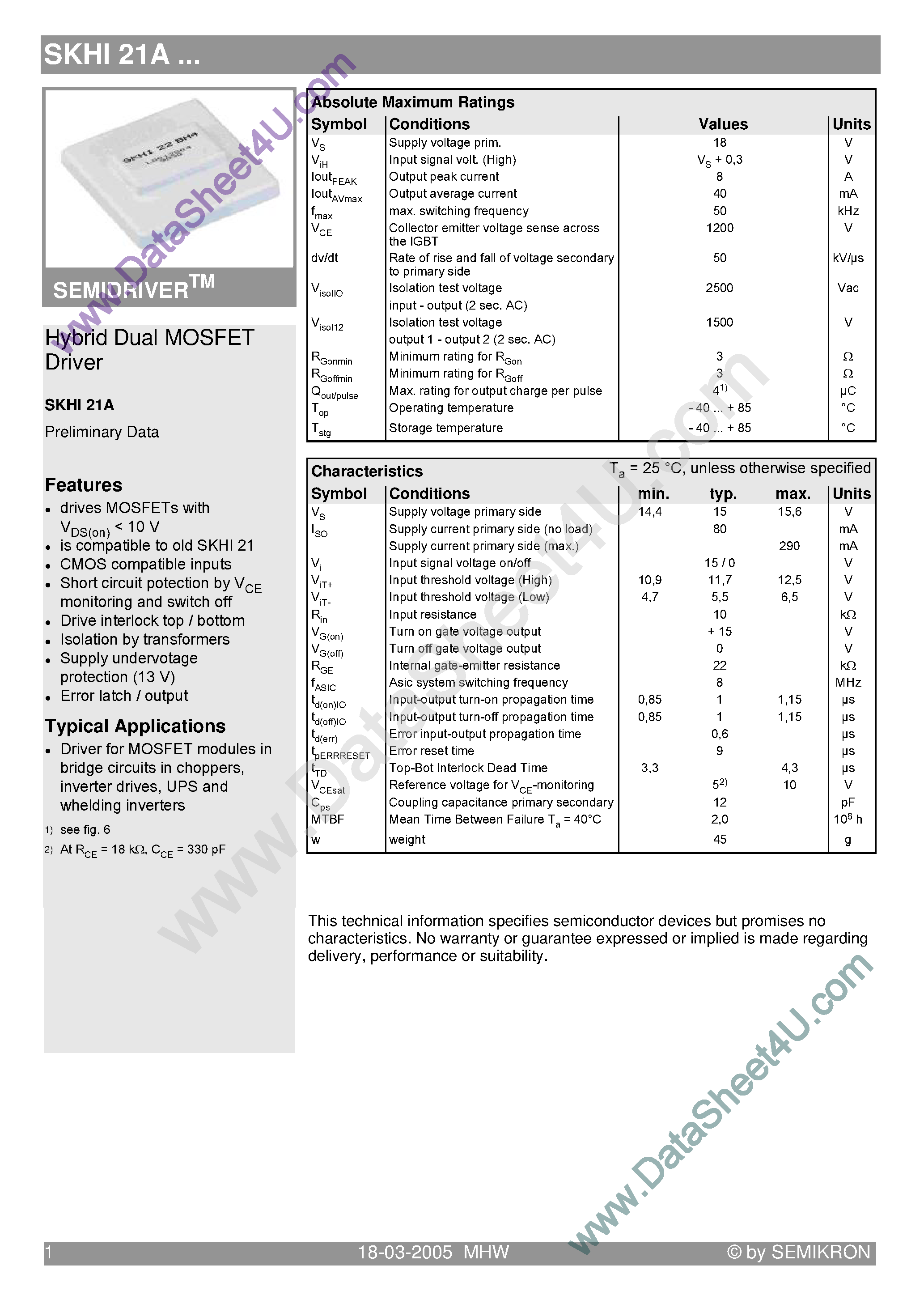 Даташит на микросхему SKHI21A страница 1 Даташит SKHI21A - (SKHI21A / SKHI22A/B) Hybrid Dual MOSFET Driver страница 1