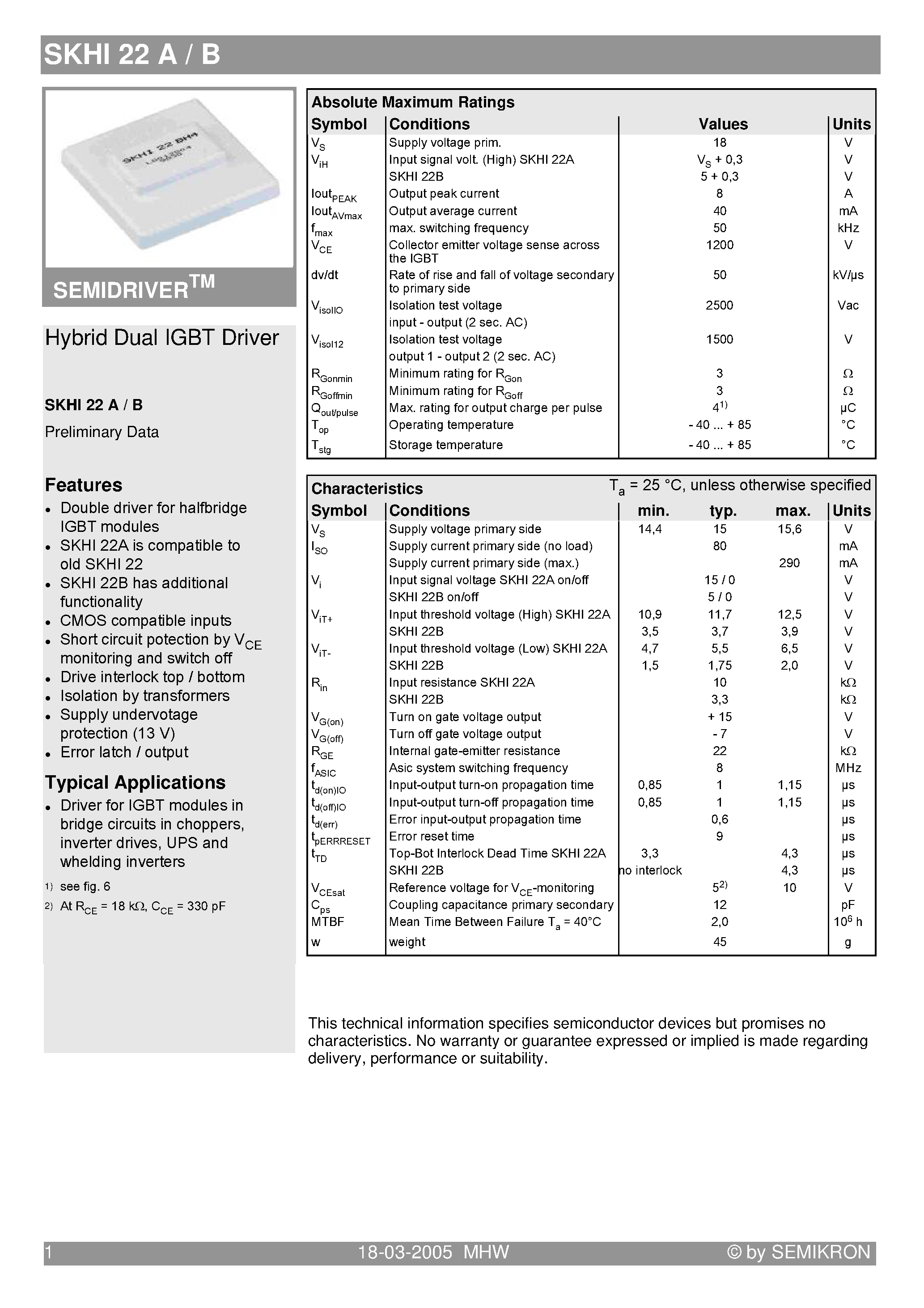Даташит на микросхему SKHI21A страница 2 Даташит SKHI21A - (SKHI21A / SKHI22A/B) Hybrid Dual MOSFET Driver страница 2
