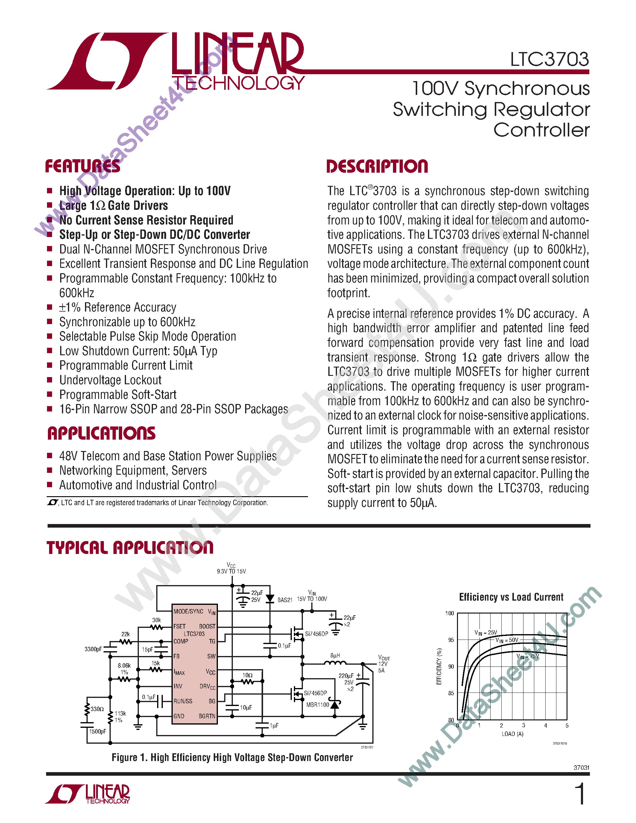 Datasheet LTC3703 page 1 Datasheet LTC3703 - 100V Synchronous Switching Regulator Controller page 1