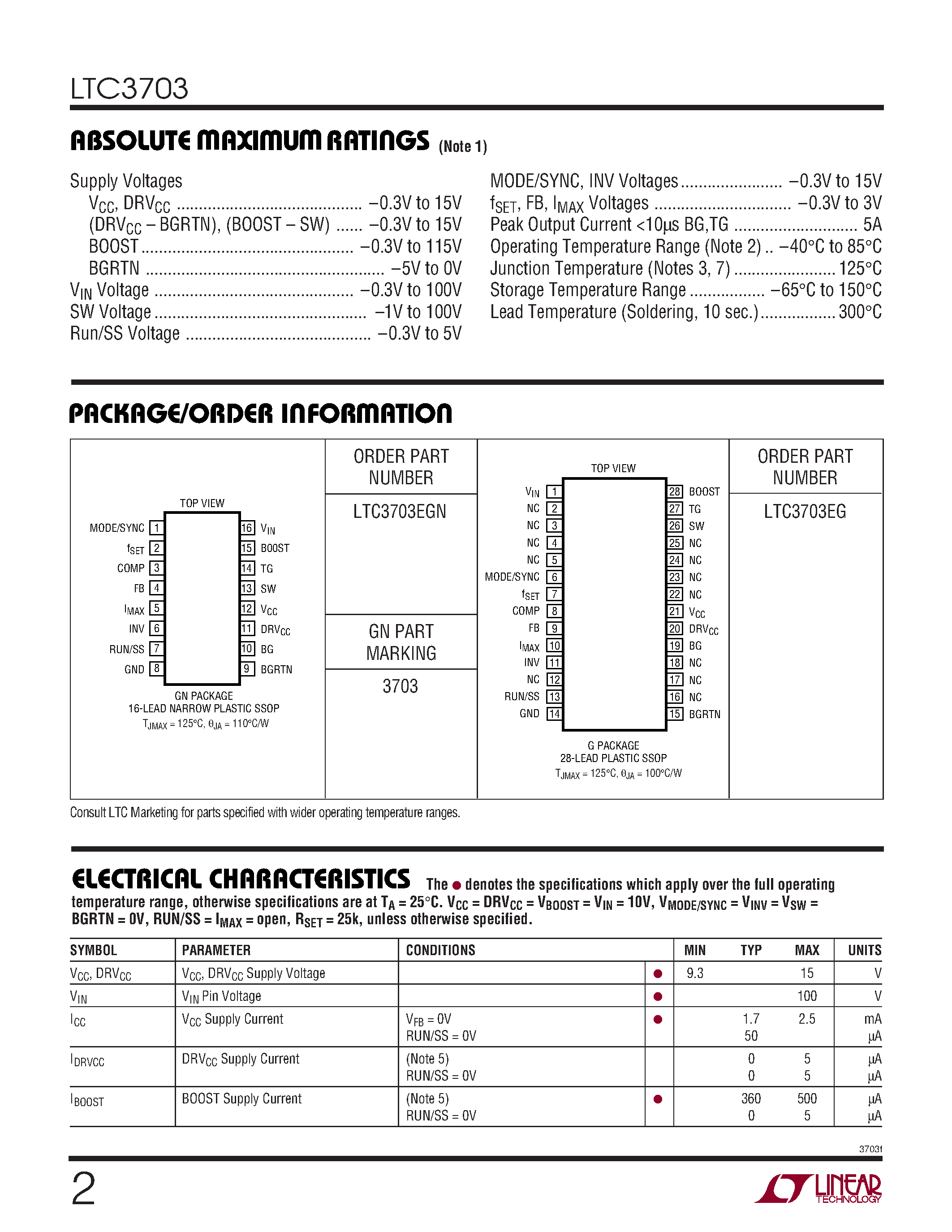 Datasheet LTC3703 page 2 Datasheet LTC3703 - 100V Synchronous Switching Regulator Controller page 2