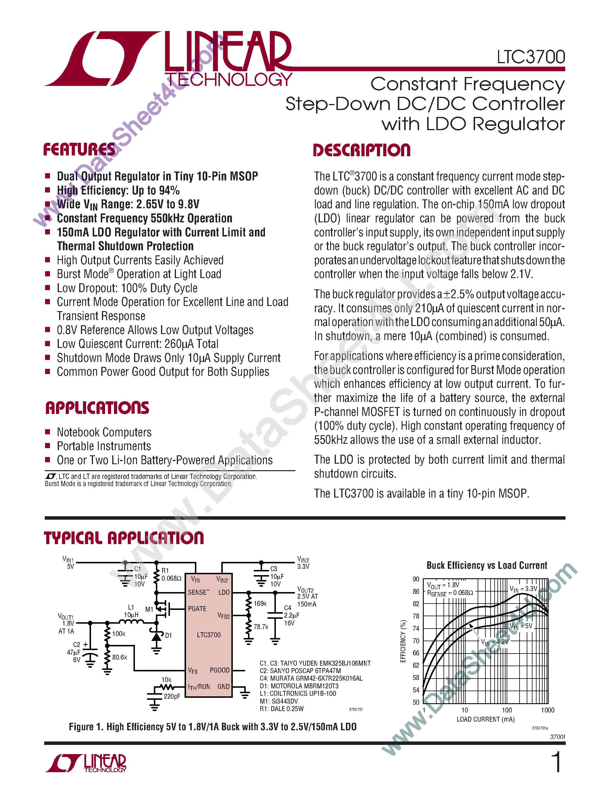 Datasheet LTC3700 - Constant Frequency Step-Down DC/DC Controller with LDO Regulator page 1