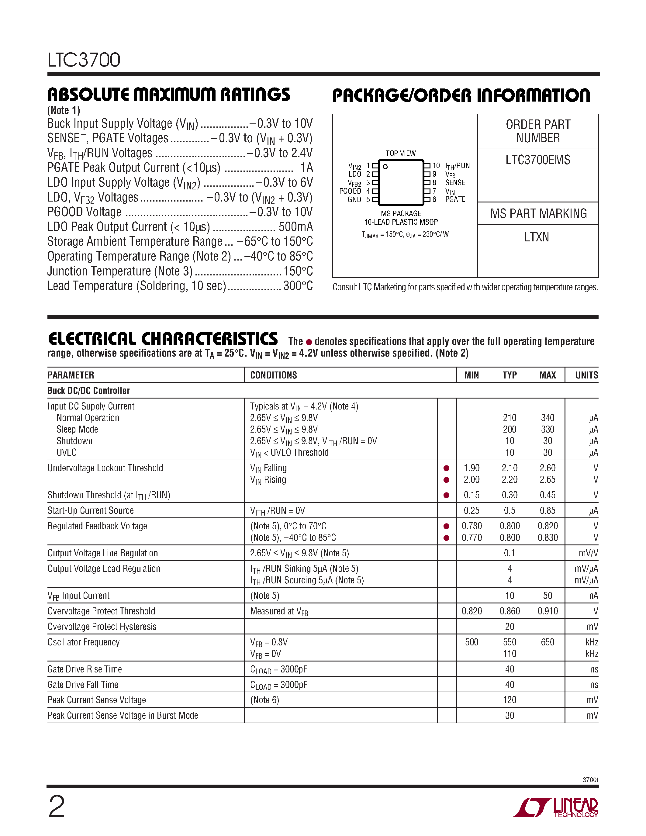 Datasheet LTC3700 - Constant Frequency Step-Down DC/DC Controller with LDO Regulator page 2