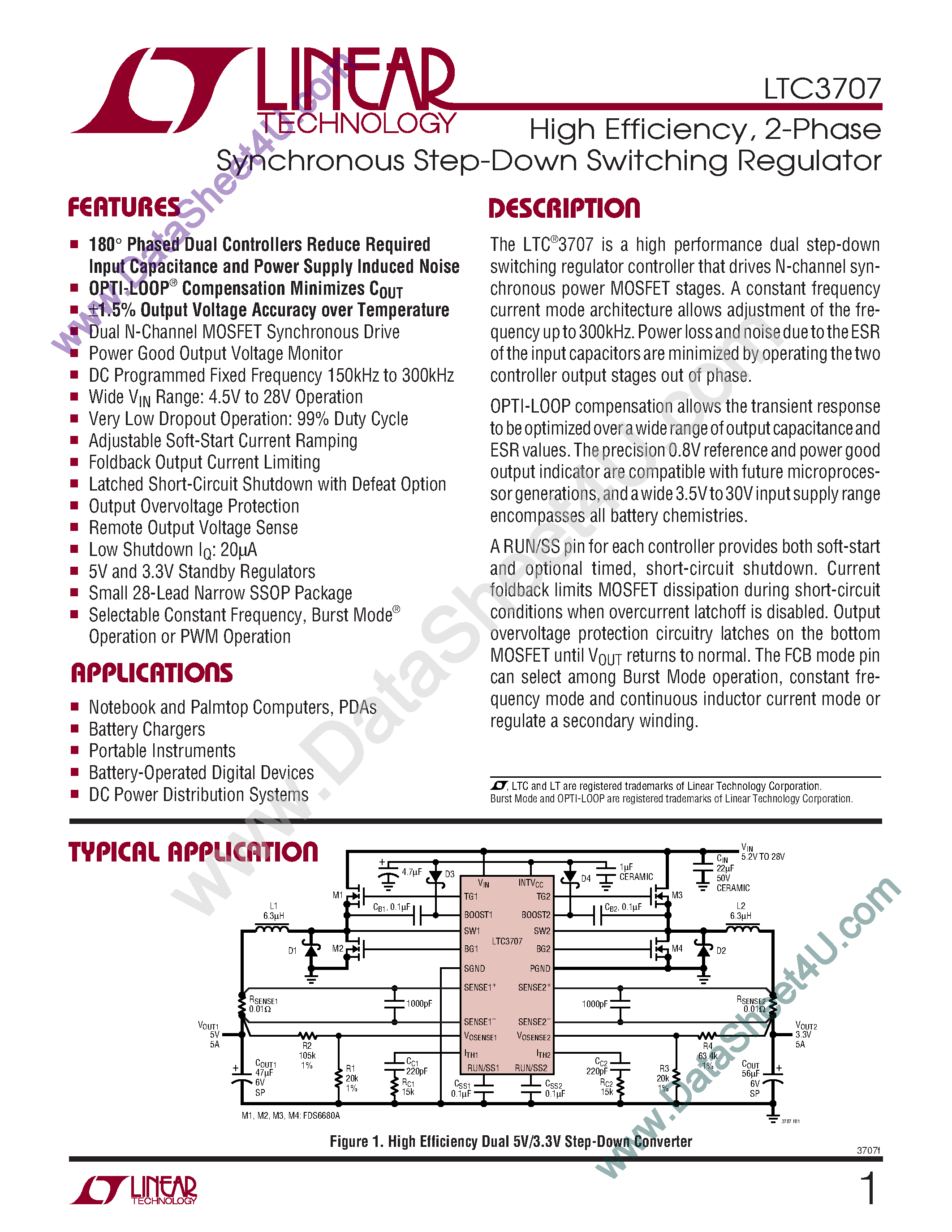 Даташит LTC3707 - High Efficiency / 2-Phase Synchronous Step-Down Switching Regulator страница 1