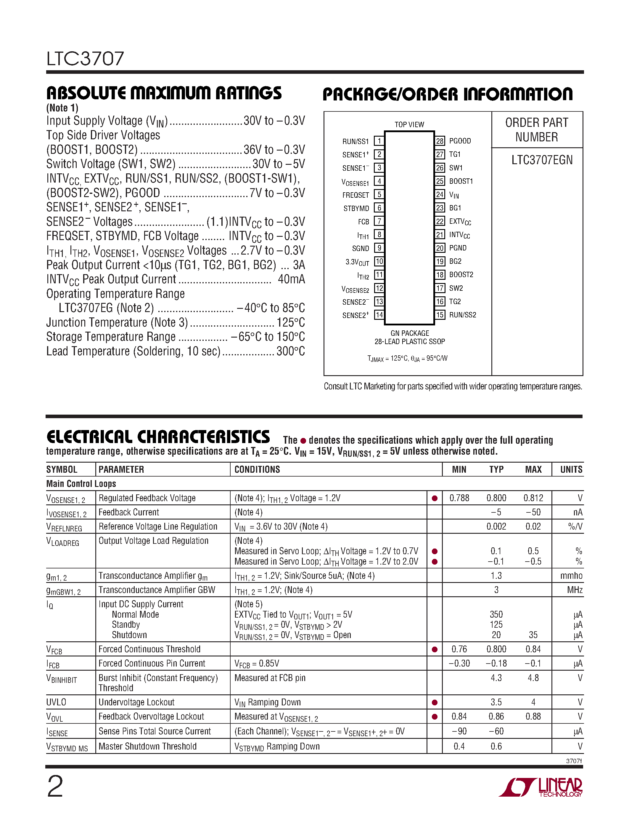Даташит LTC3707 - High Efficiency / 2-Phase Synchronous Step-Down Switching Regulator страница 2