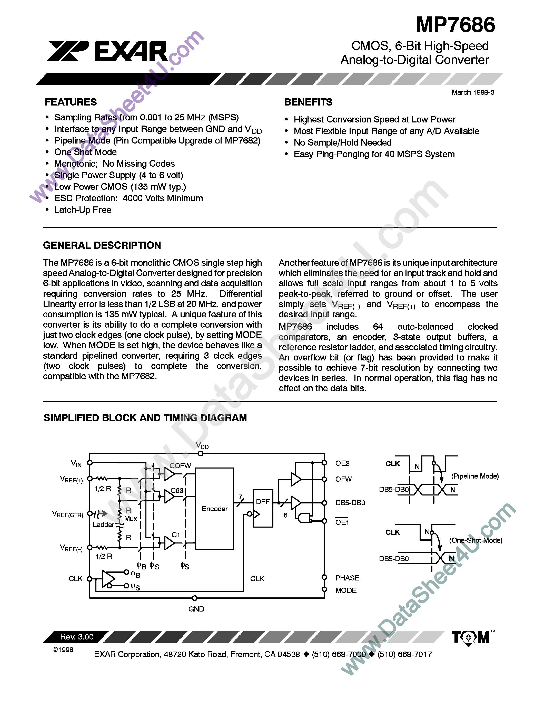 Datasheet MP7686 page 1 Datasheet MP7686 - CMOS 6 BIT HIGH SPEED ANALOG TO DIGITAL CONVERTER page 1