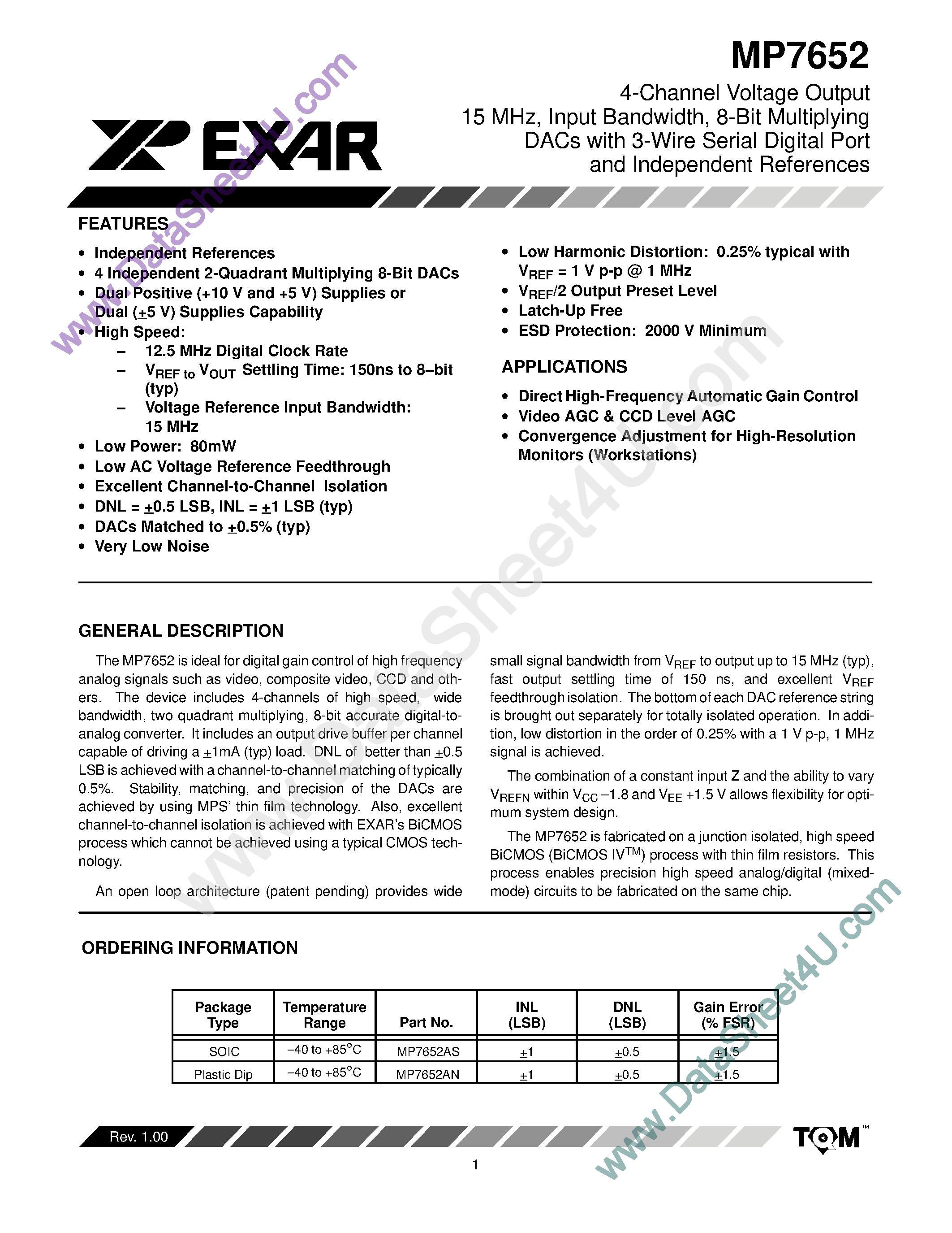 Datasheet MP7652 - 4-Channel Voltage Output 15 MHz Input Bandwidth 8-Bit Multiplying DACs page 1