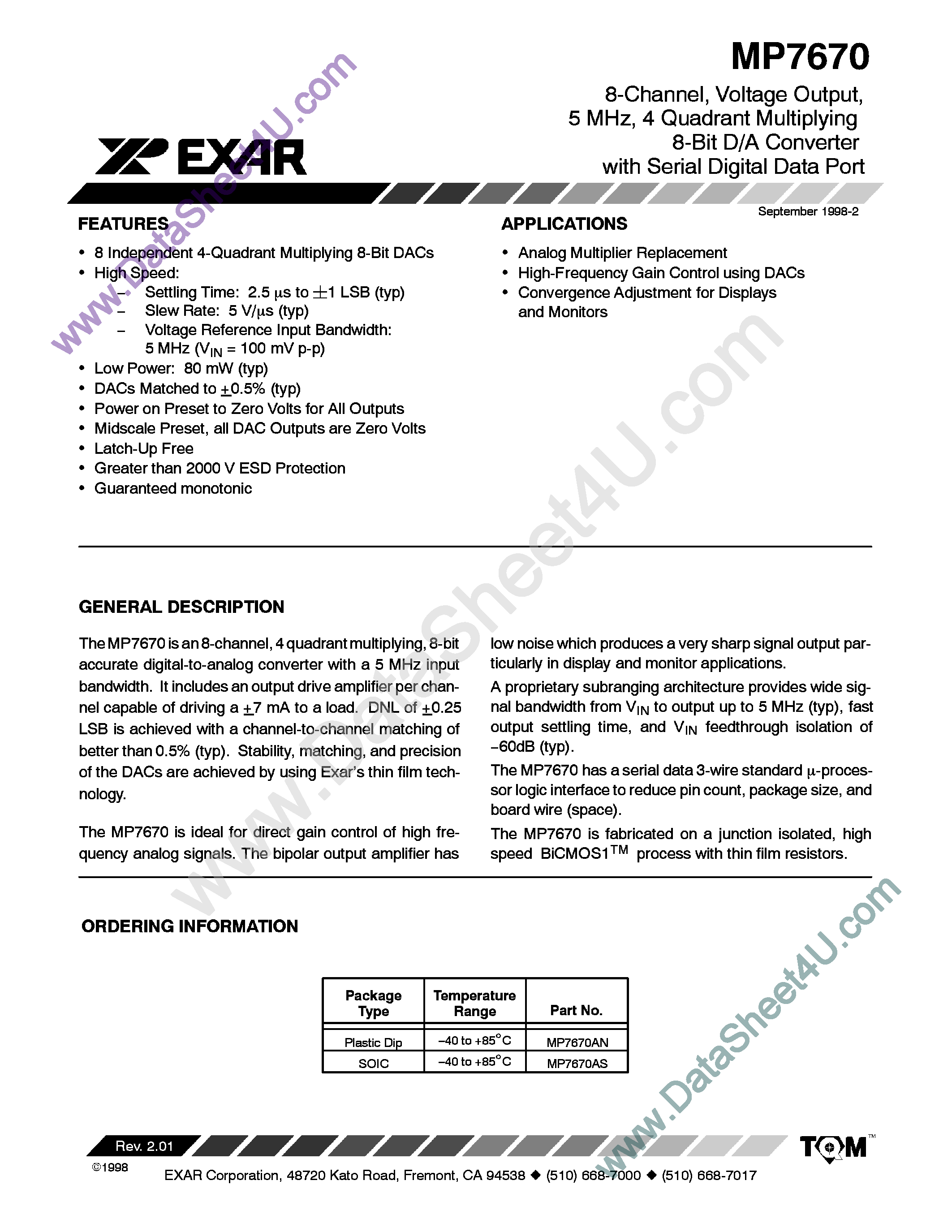 Datasheet MP7670 - 8-CHANNEL VOLTAGE OUTPUT 5MHZ 4 QUADRANT MULTIPLYING 8BIT D/A CONVERTER page 1