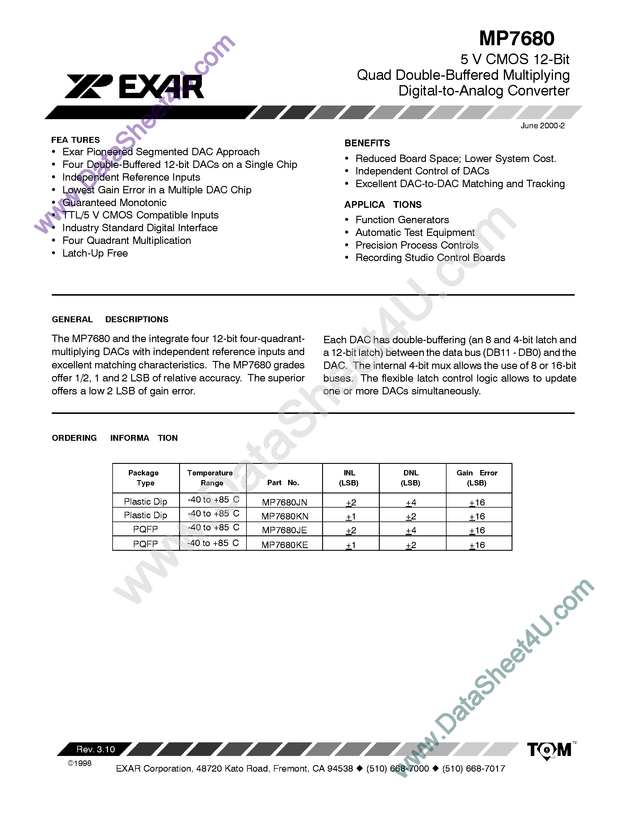 Datasheet MP7680 page 1 Datasheet MP7680 - 5 V CMOS 12-Bit Quad Double-Buffered Multiplying Digital-to-Analog Converter page 1