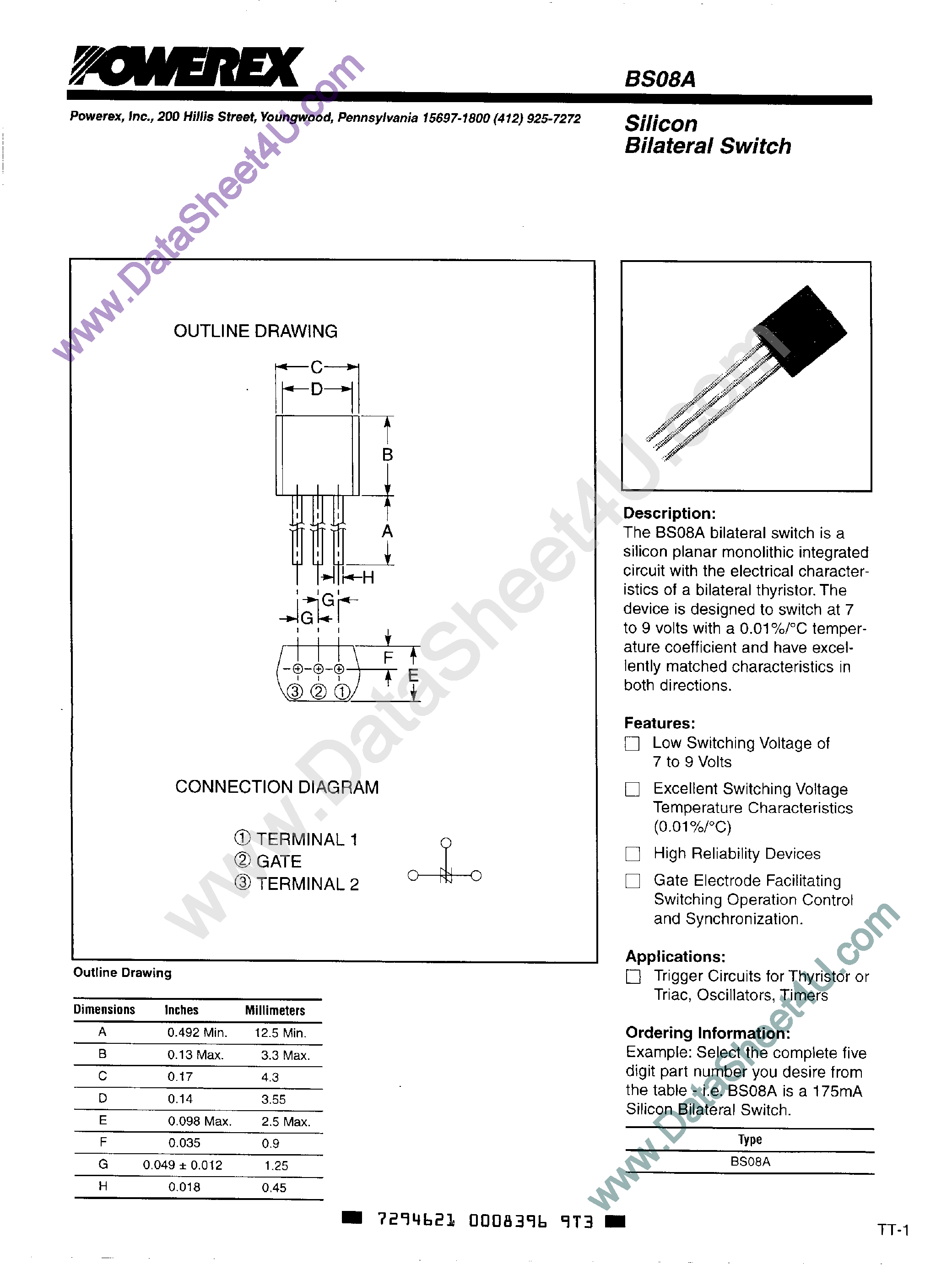 Даташит на микросхему BS08A страница 1 Даташит BS08A - Silicon Bilateral Switch страница 1