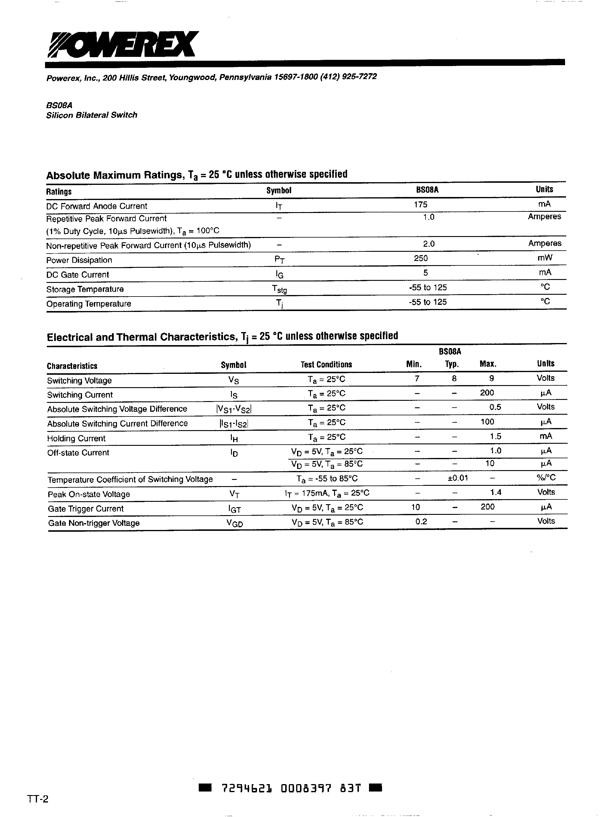Даташит на микросхему BS08A страница 2 Даташит BS08A - Silicon Bilateral Switch страница 2