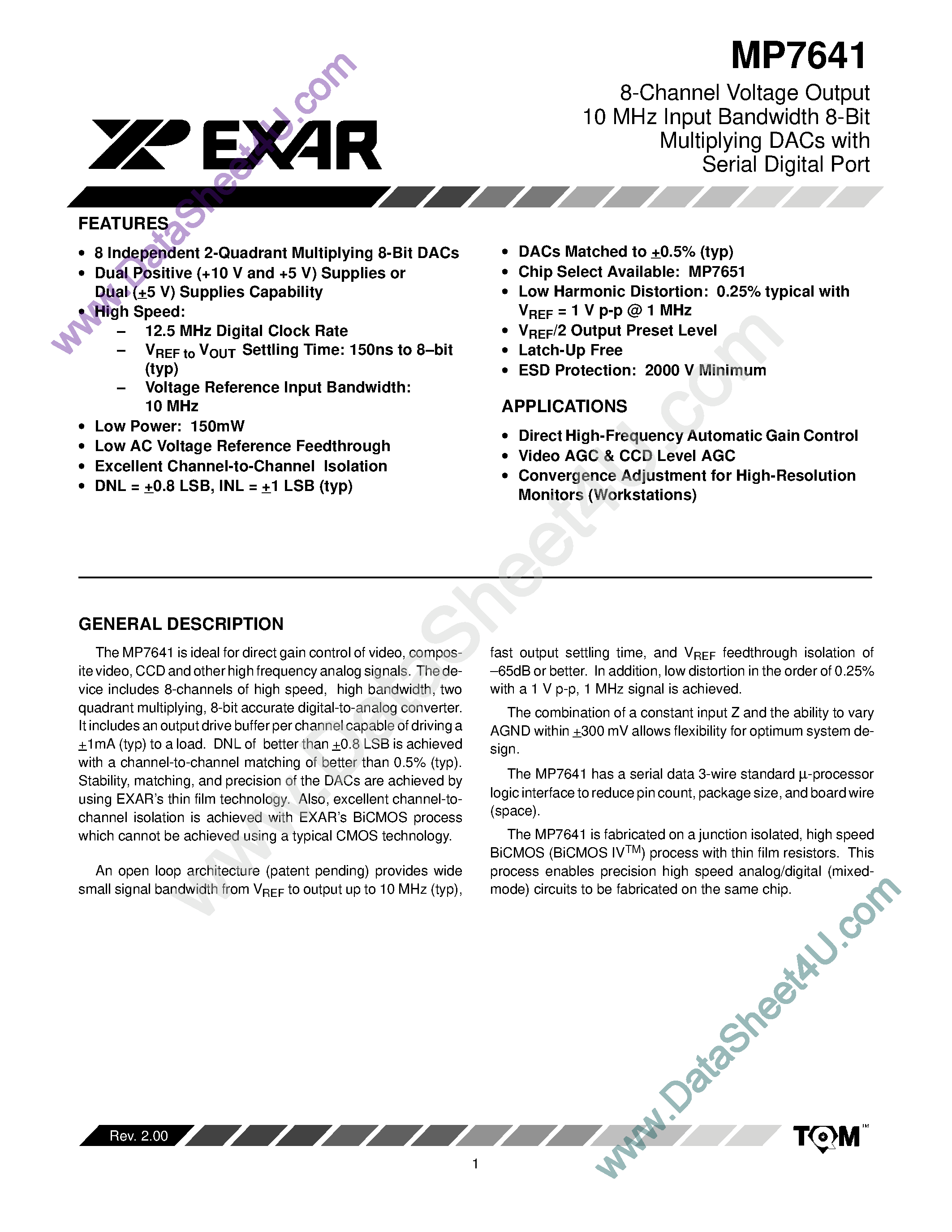 Даташит MP7641 - 8-Channel Voltage Output 10Mhz Input Bandwidth 8-Bit Multiplying DACs страница 1