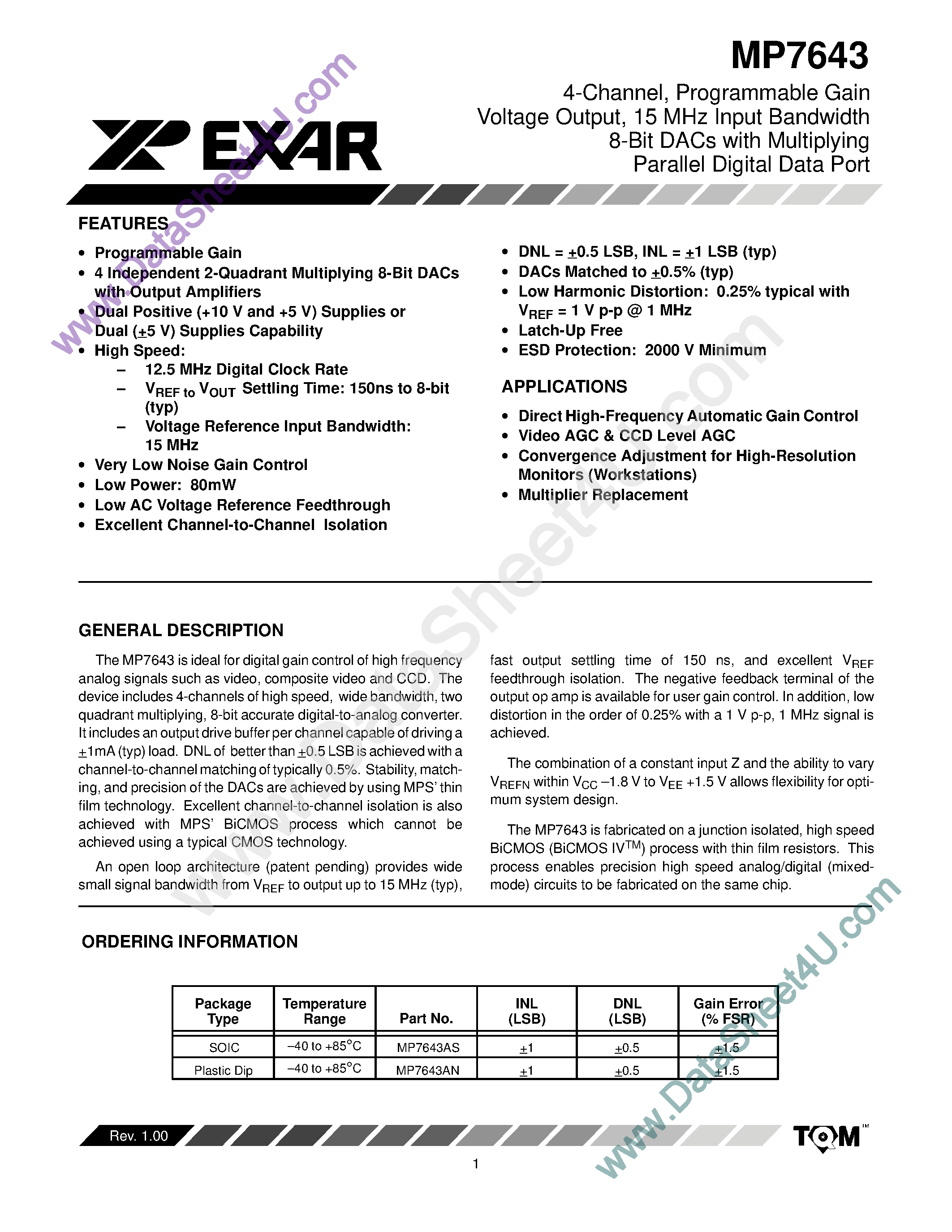 Datasheet MP7643 - 4-Channel Programmable Gain Voltage Output 15 MHz Input Bandwidth 8-Bit DACs page 1