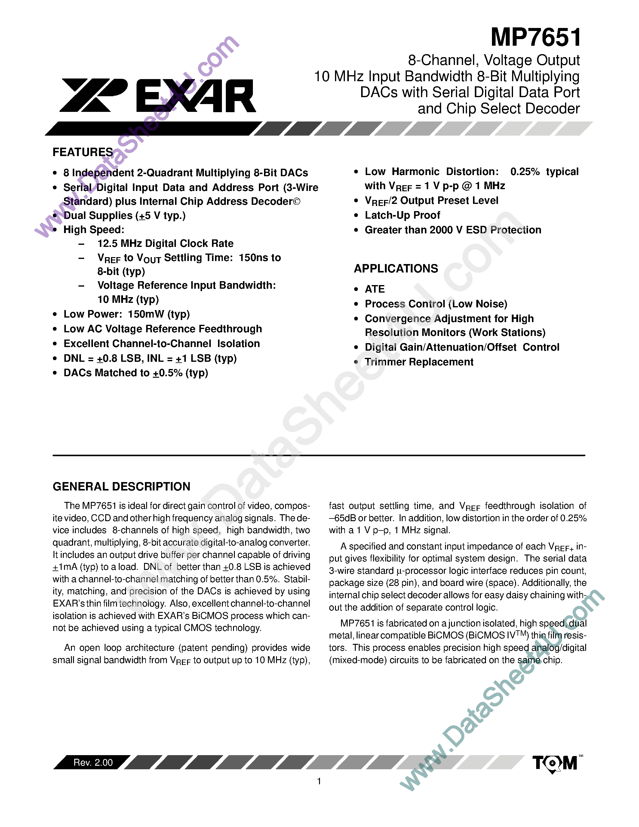 Даташит MP7651 - 8-Channel Voltage Output 10Mhz Input Bandwidth 8-Bit Multiplying DACs страница 1