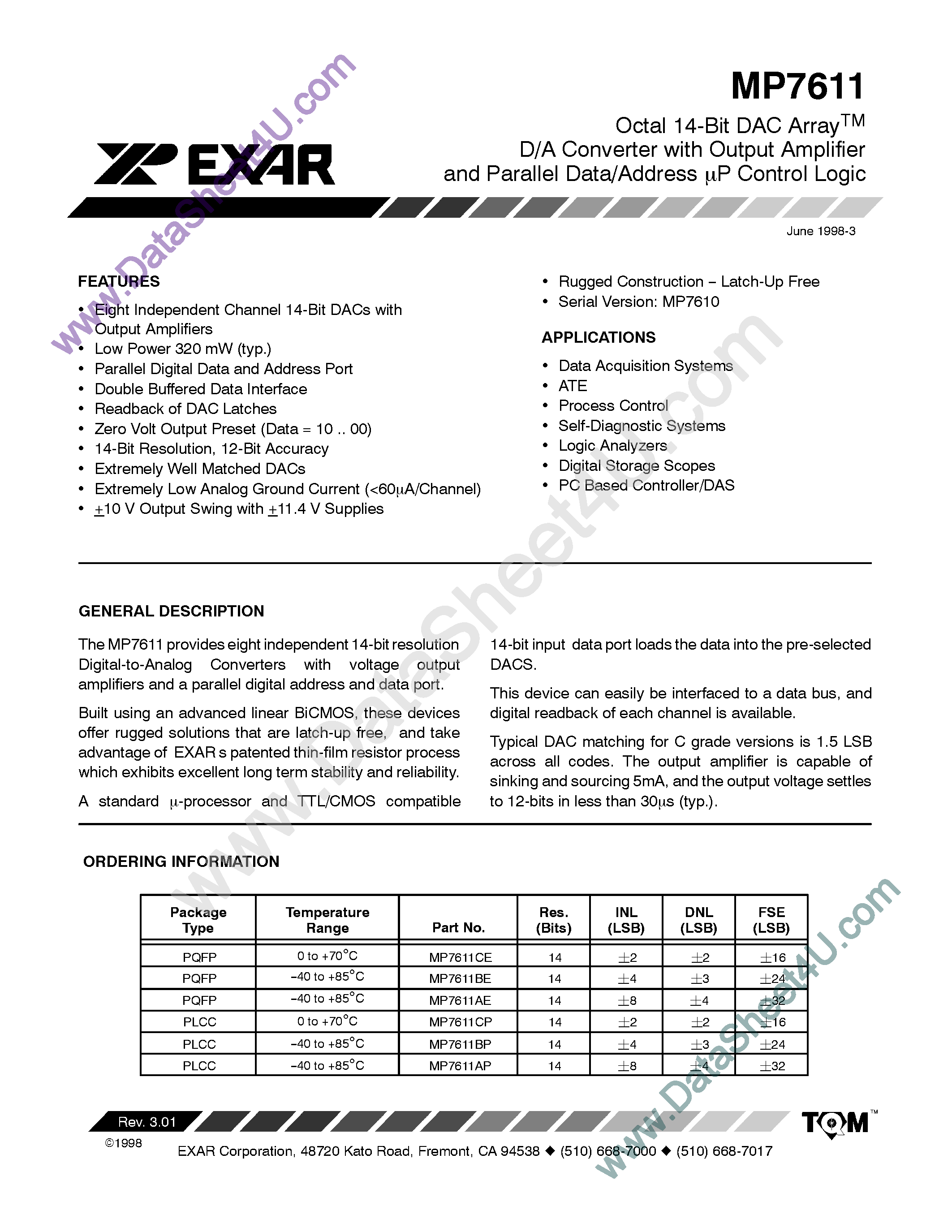Даташит MP7611 - Octal 14-Bit DAC Array D/A Converter страница 1