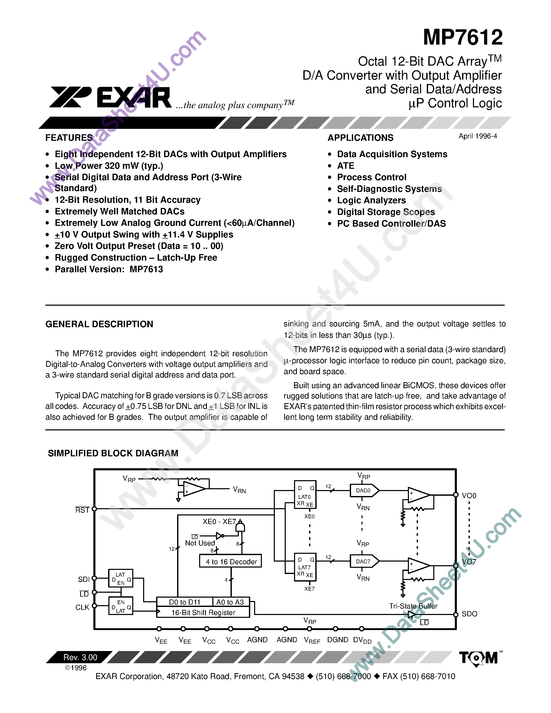 Даташит MP7612 - Octal 12-Bit DAC Array D/A Converter страница 1