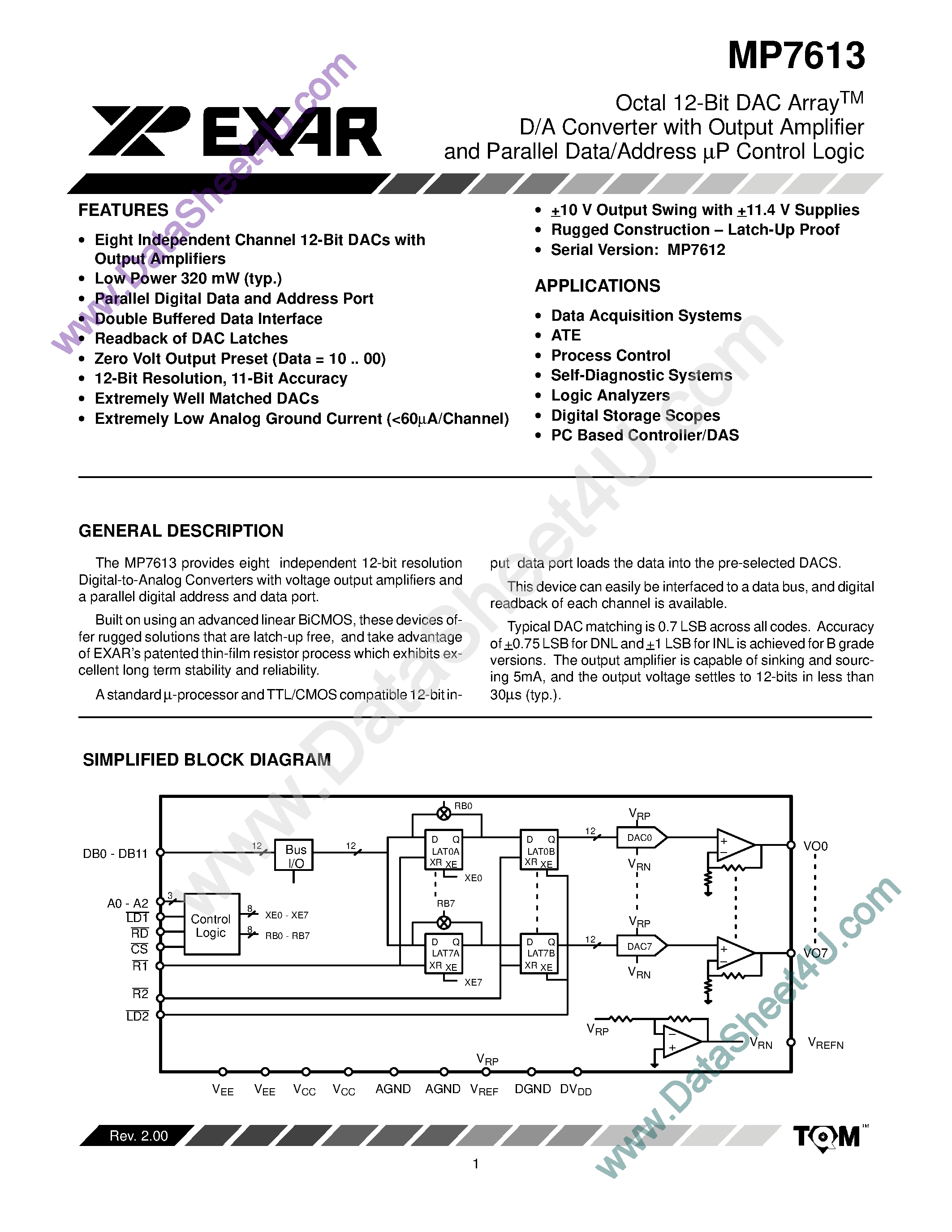 Даташит MP7613 - Octal 12-Bit DAC Array D/A Converter страница 1