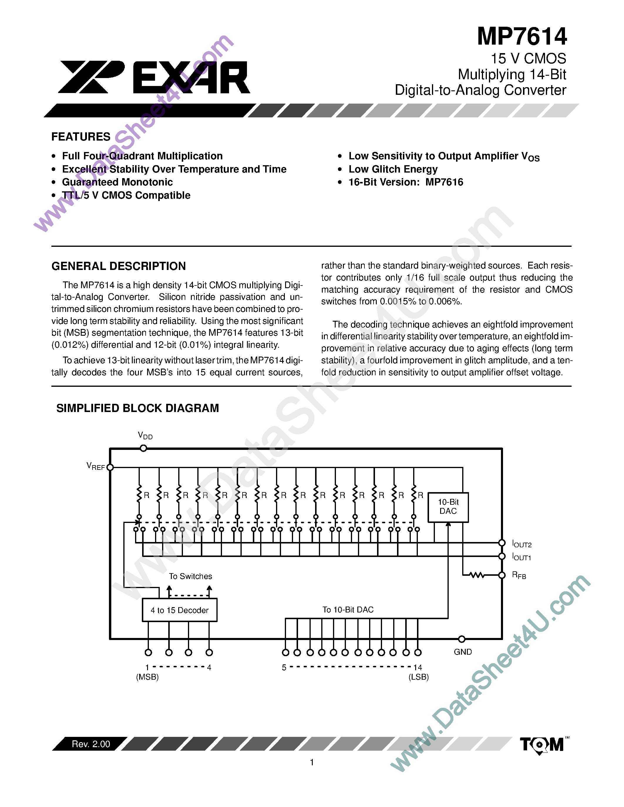 Datasheet MP7614 - 15 V CMOS Multiplying 14-Bit Digital-to-Analog Converter page 1