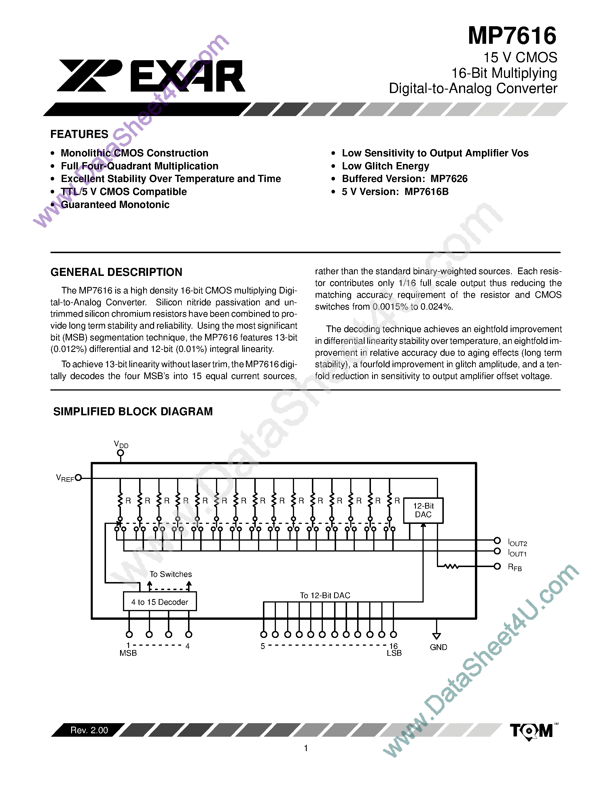 Даташит на микросхему MP7616 страница 1 Даташит MP7616 - 15 V CMOS 16-Bit Multiplying Digital-to-Analog Converter страница 1