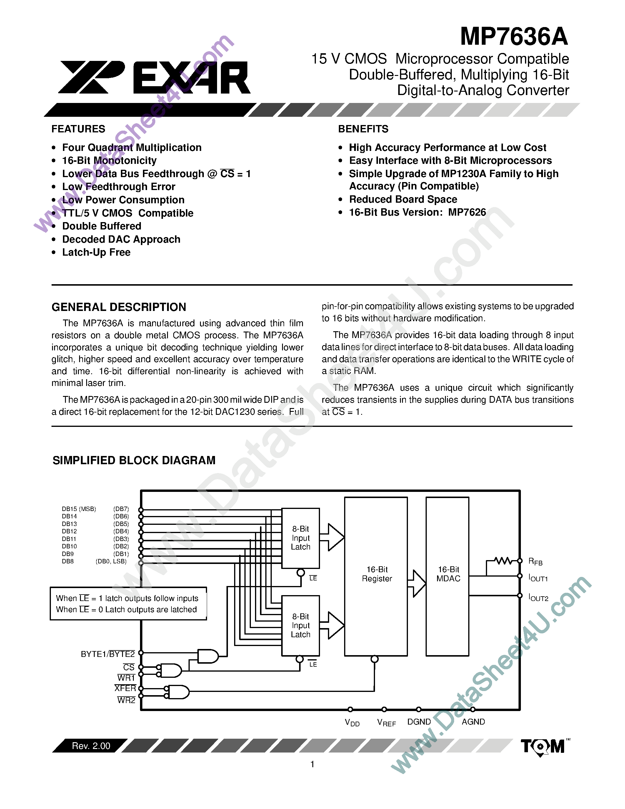 Даташит MP7636A - 15 V CMOS Microprocessor Compatible Double-Buffered Multiplying 16-Bit Digital-to-Analog Converter страница 1