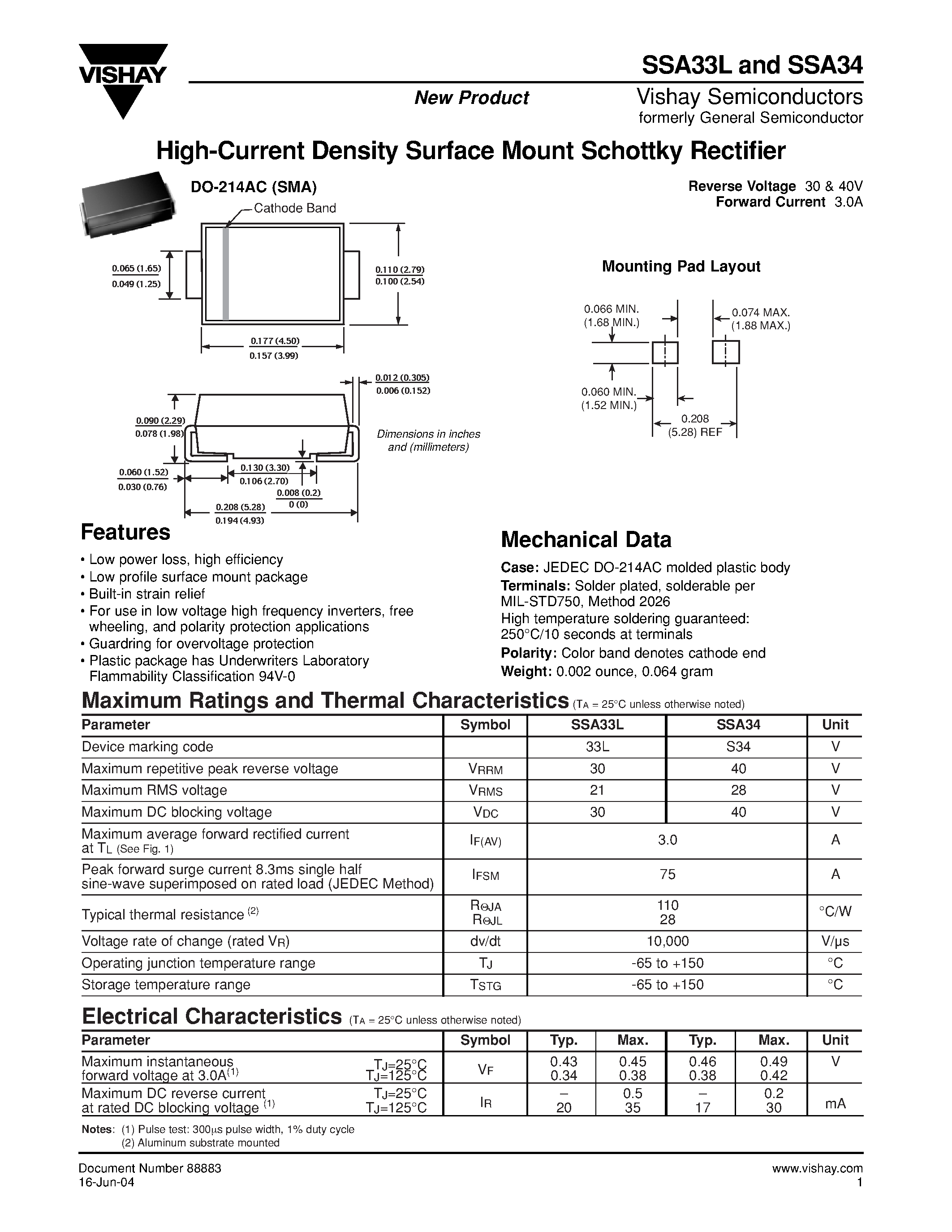 Datasheet SSA33L page 1 Datasheet SSA33L - (SSA33L / SSA34) High-Current Density Surface Mount Schottky Rectifier page 1