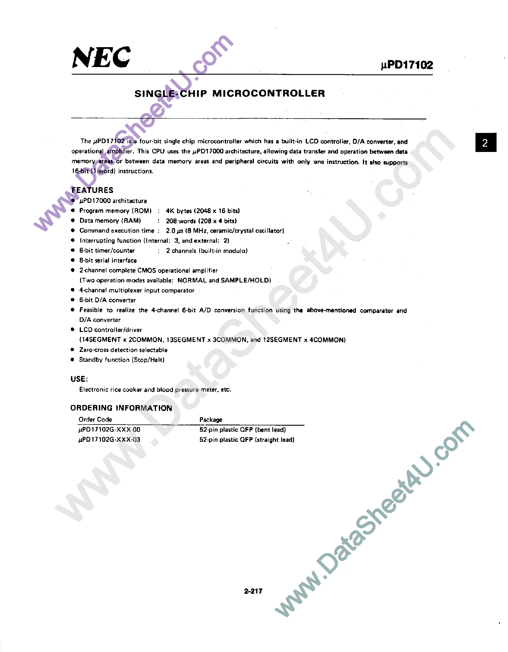 Datasheet UPD17102 - 4-Bit Single-Chip Microcontroller page 1