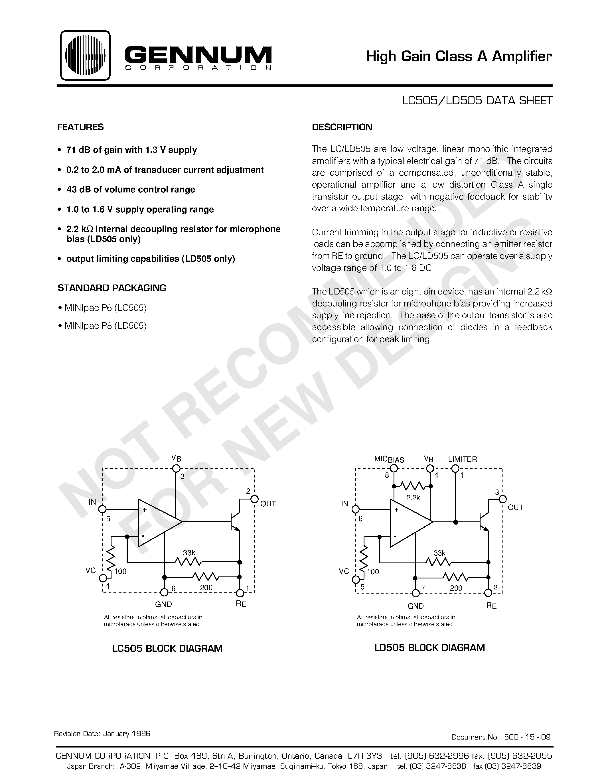 Datasheet LD505 - High Gain Class A Amplifier page 1