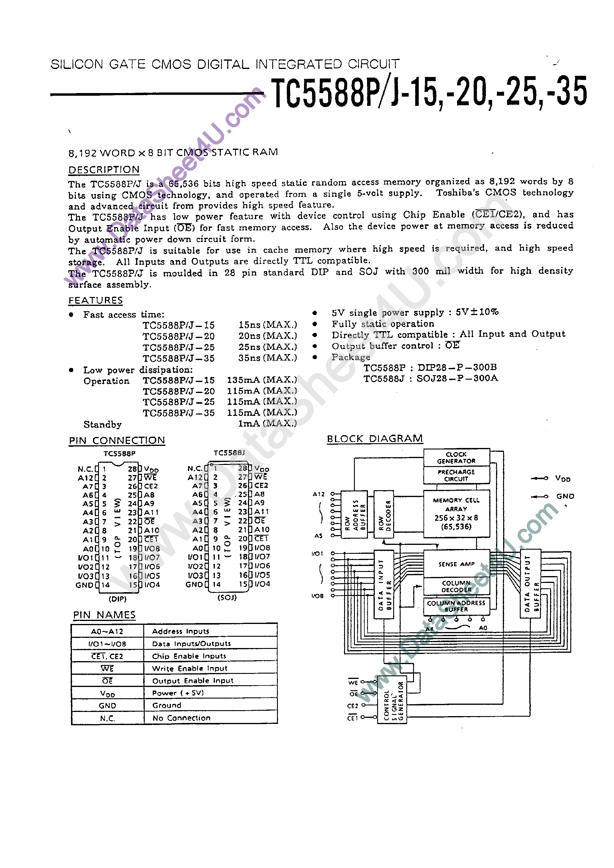 Даташит TC5588J - 8192 x 8-Bit CMOS Static RAM страница 1