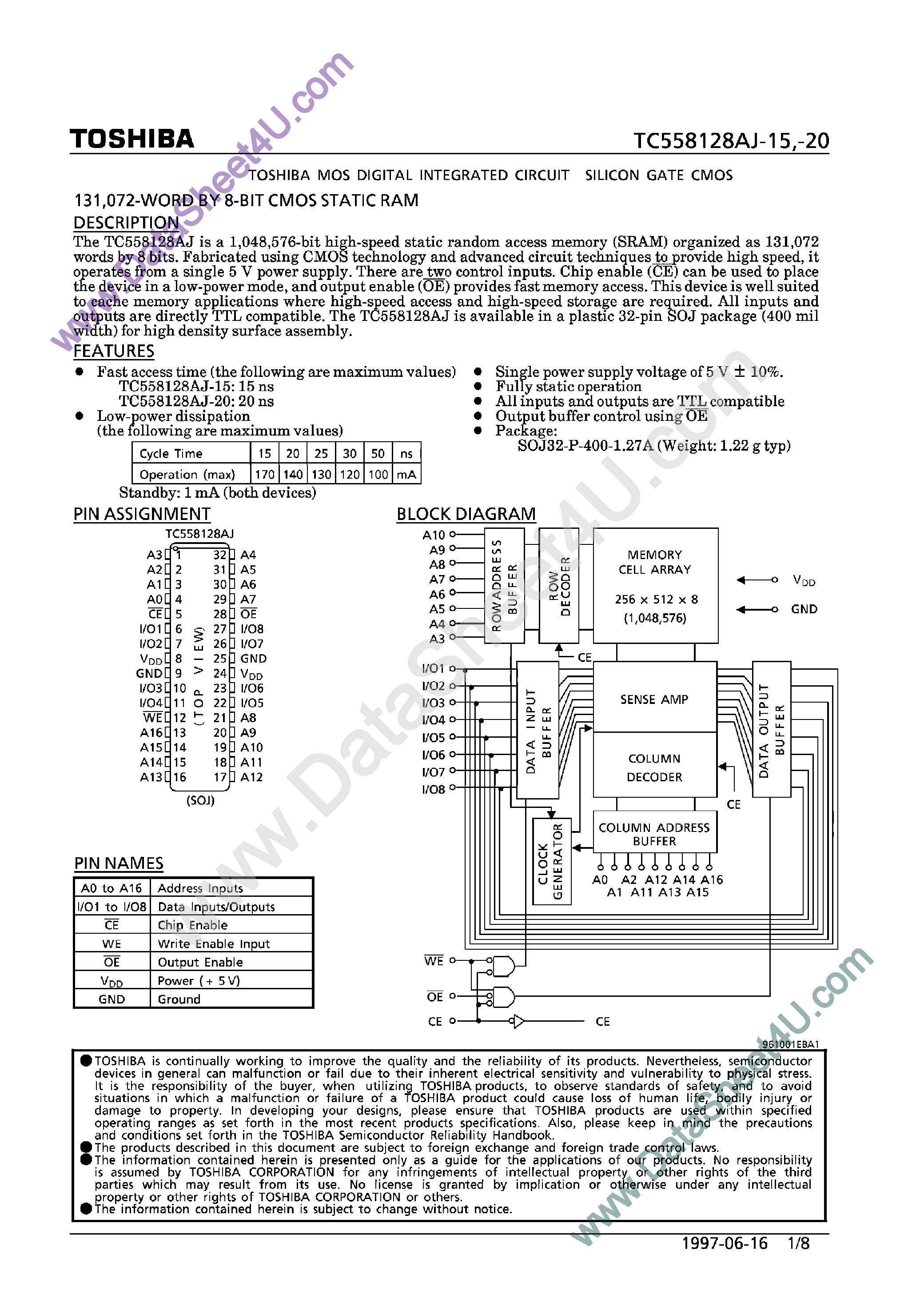 Даташит TC558128AJ - CMOS Static RAM страница 1
