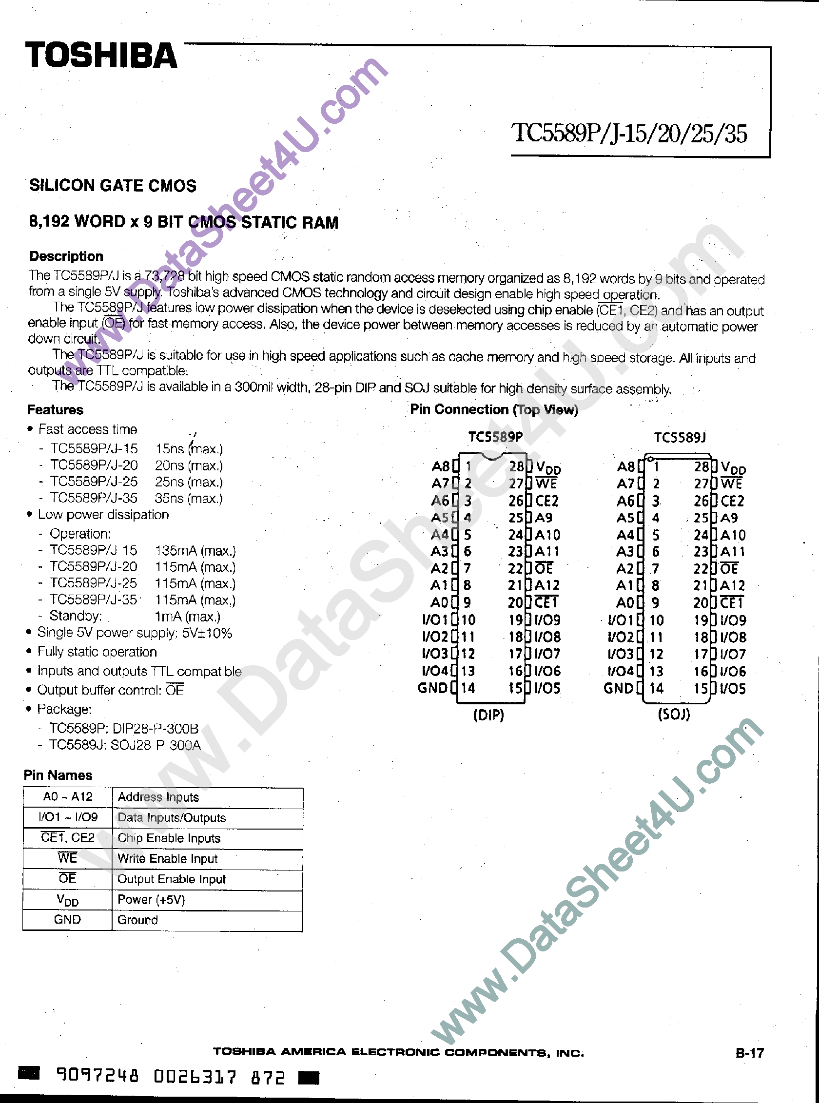 Даташит TC5589J - 8192 x 8-Bit CMOS Static RAM страница 1