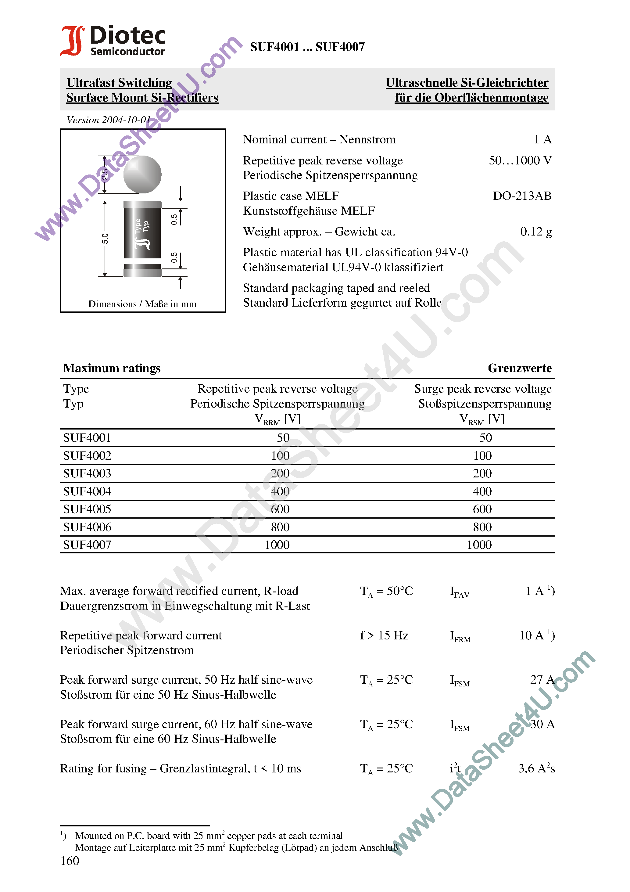 Datasheet SUF4001 - (SUF4001 - SUF4007) Ultrafast Switching Surface Mount Si-Rectifiers page 1