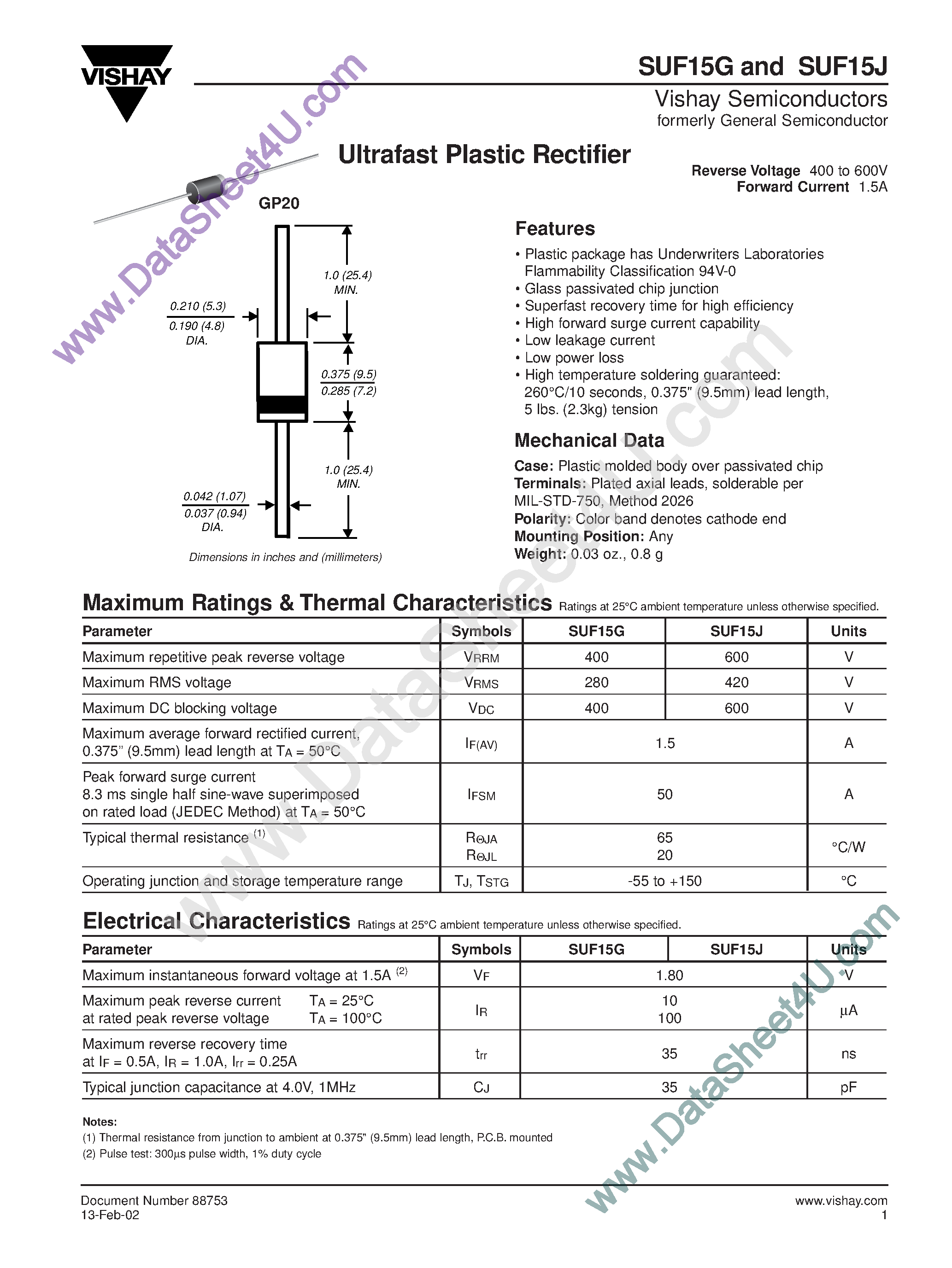 Datasheet SUF15G page 1 Datasheet SUF15G - (SUF15G/J) ULTRAFAST EFFICIENT RECTIFIER page 1