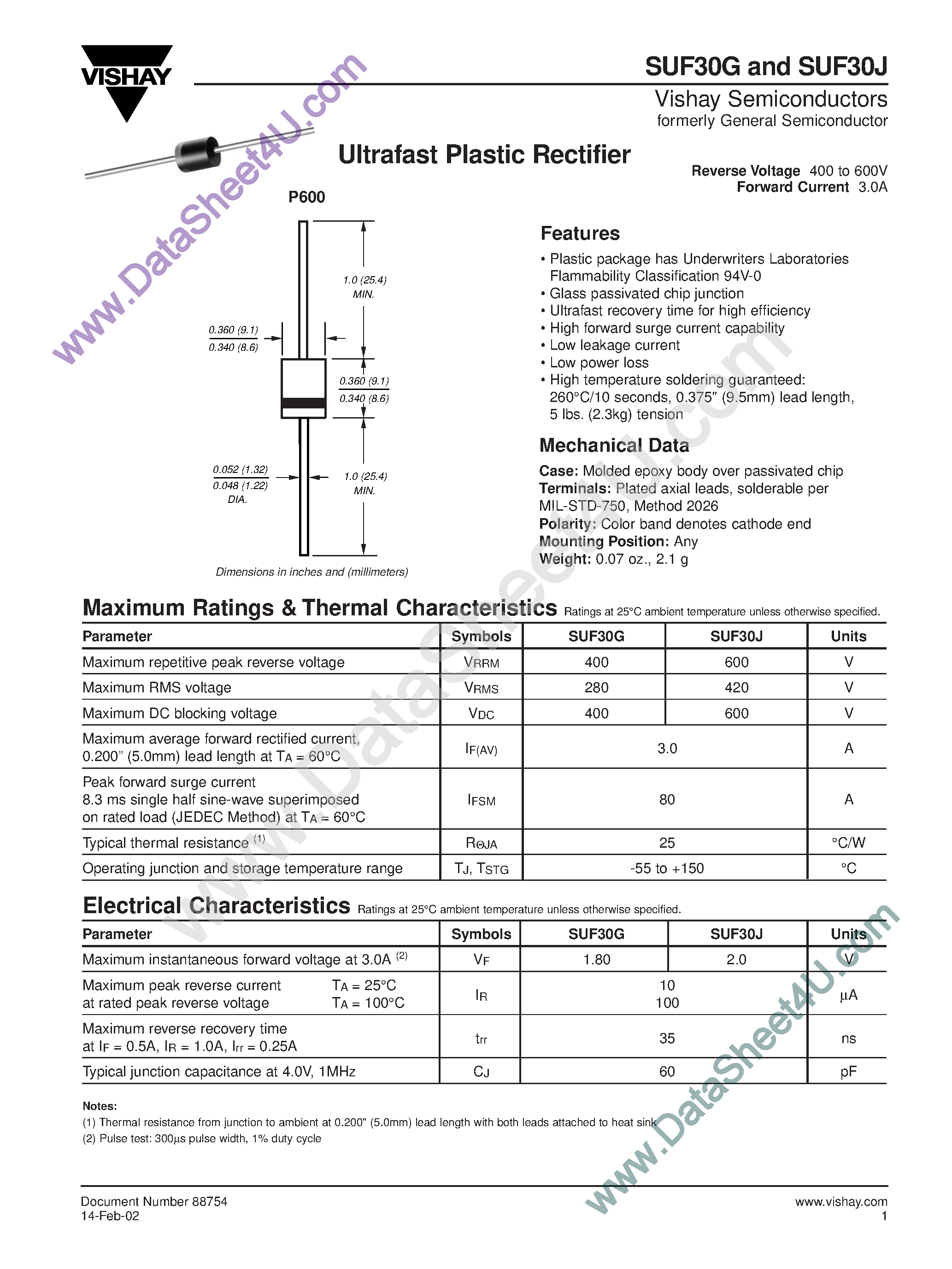 Datasheet SUF30G page 1 Datasheet SUF30G - (SUF30G/J) ULTRAFAST EFFICIENT RECTIFIER page 1