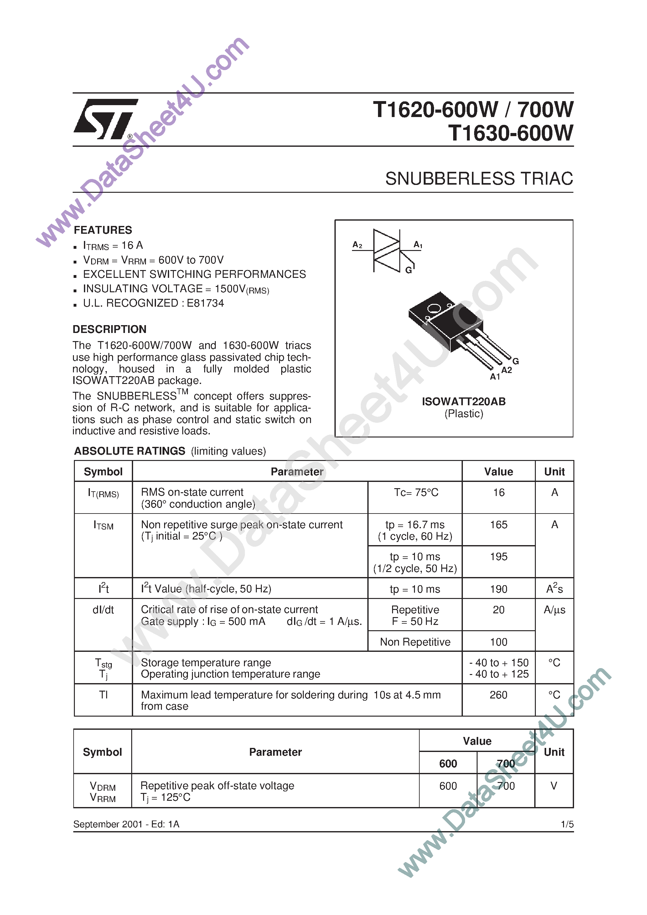 Datasheet T1620-600W - (T1620-600W/700W / T1630-600W) Snubberless Triac page 1