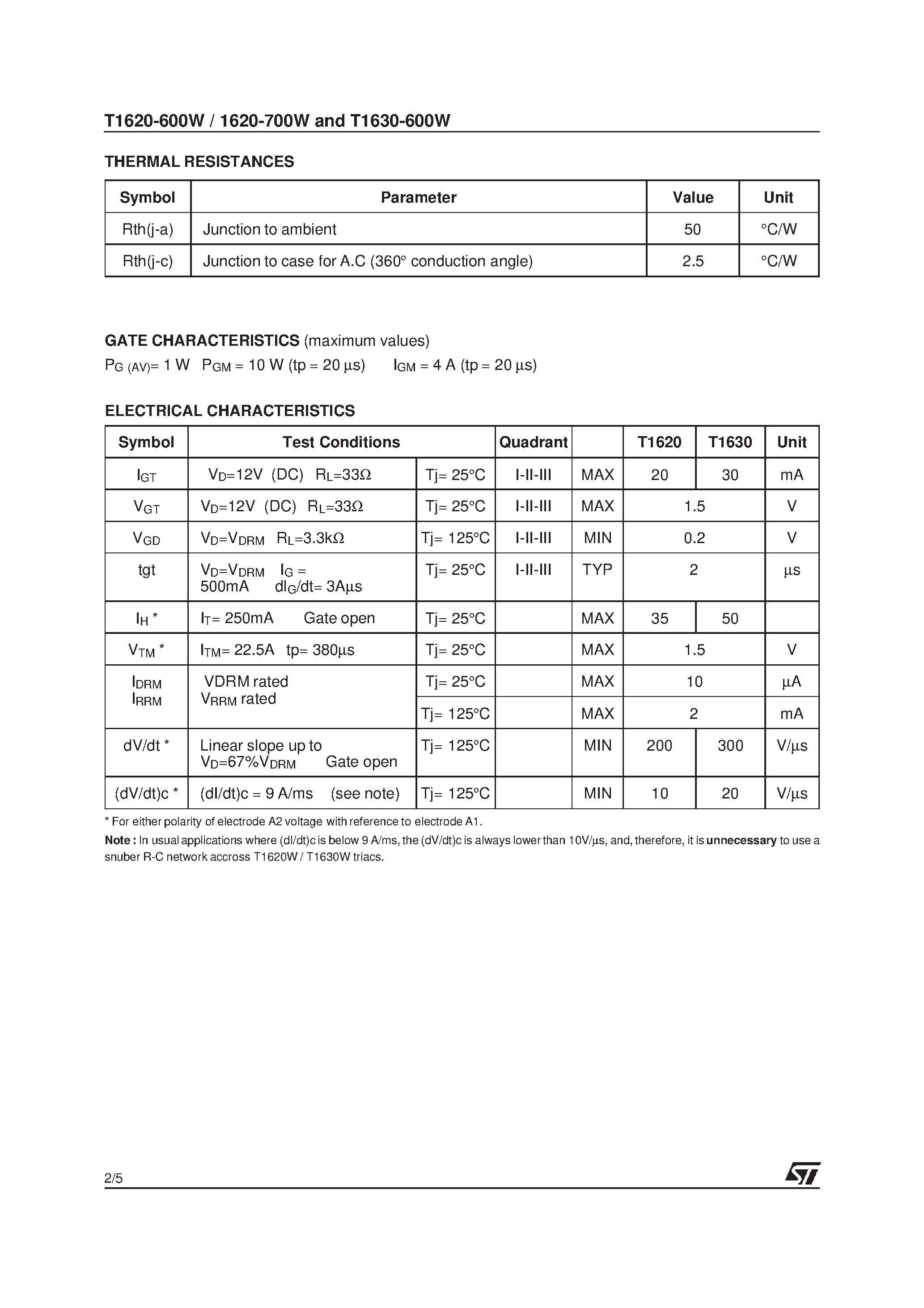Datasheet T1620-600W - (T1620-600W/700W / T1630-600W) Snubberless Triac page 2
