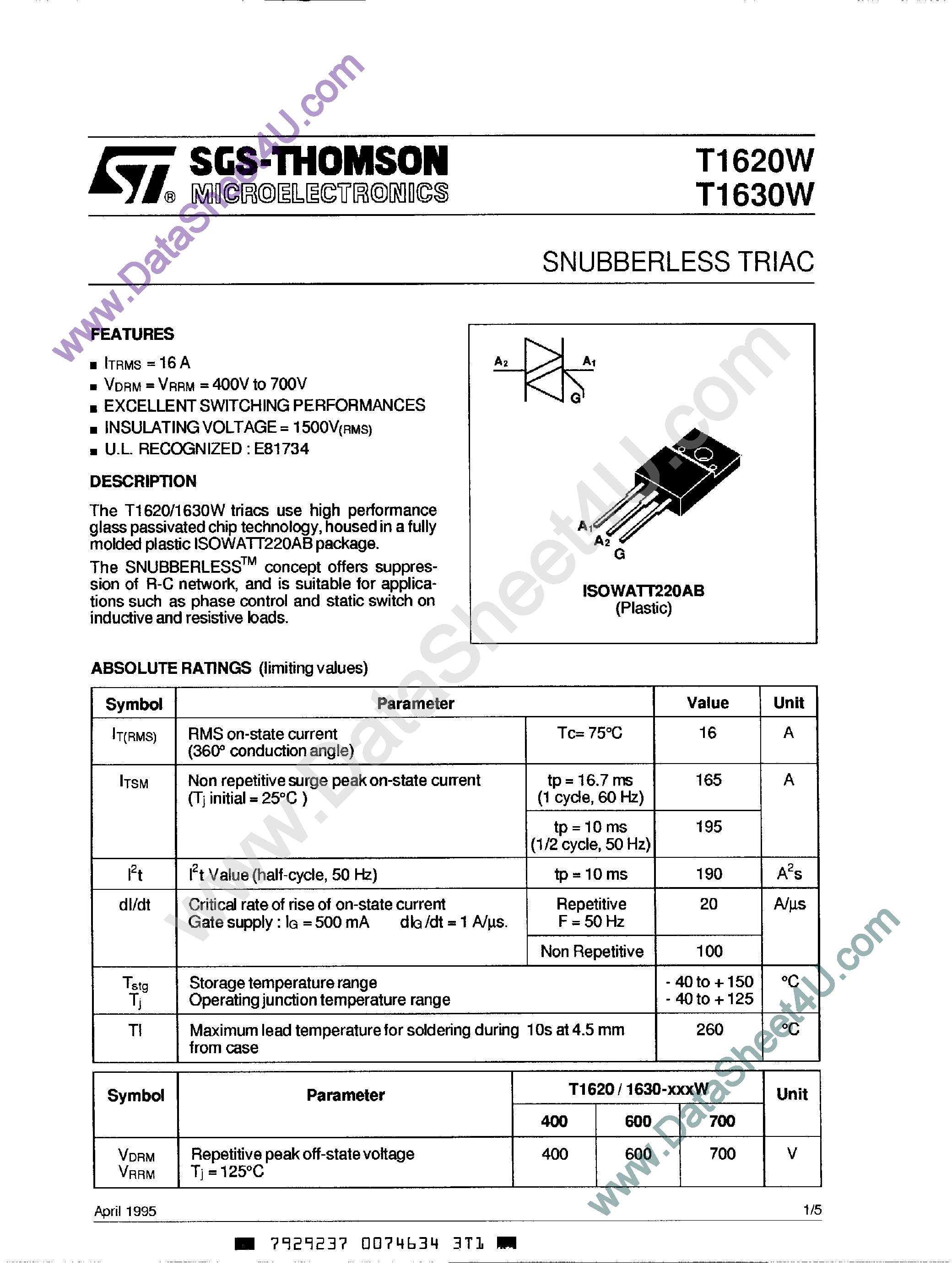 Datasheet T1620W - (T1620W / T1630W) SNUBBERLESS TRIAC page 1