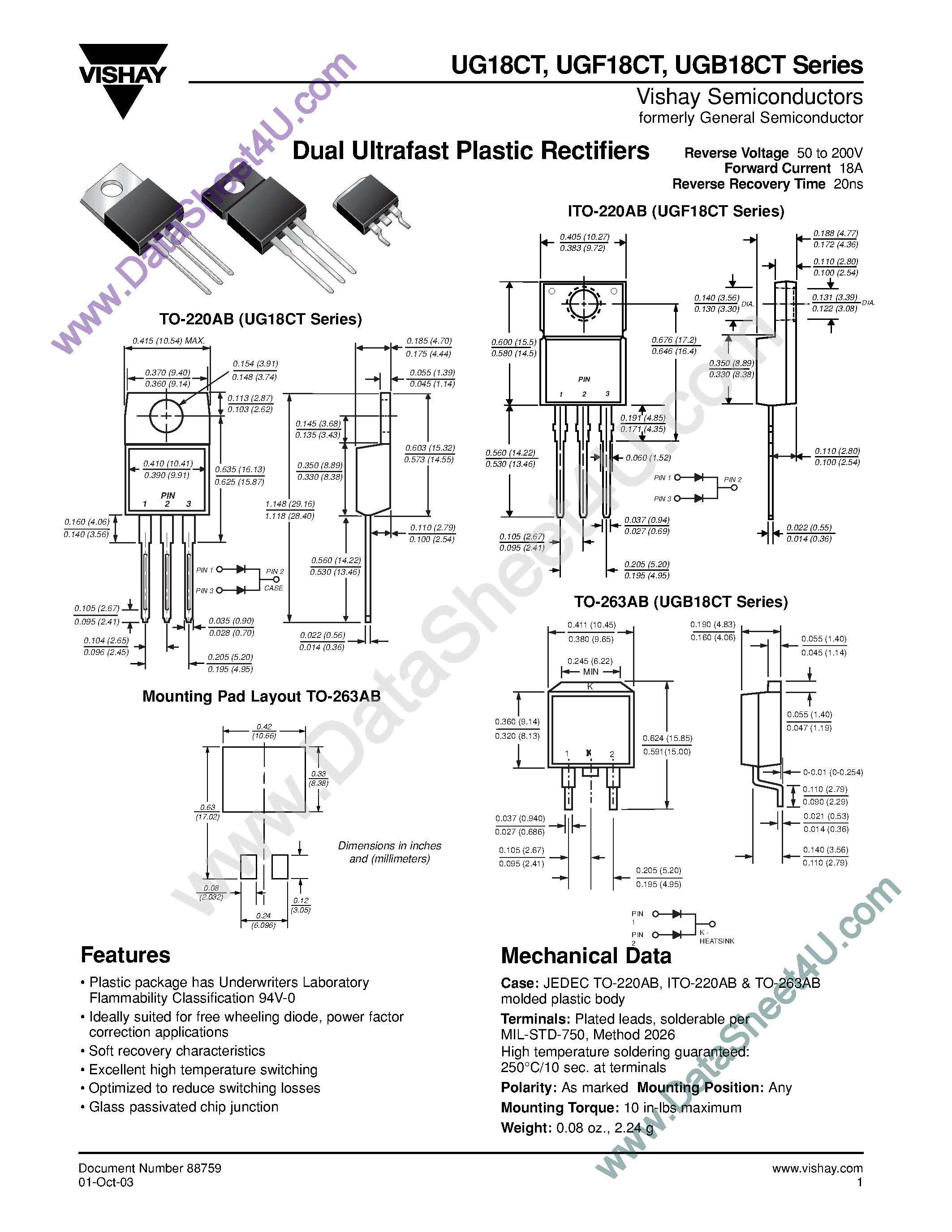Datasheet UG18ACT page 1 Datasheet UG18ACT - Dual Ultrafast Plastic Rectifiers page 1