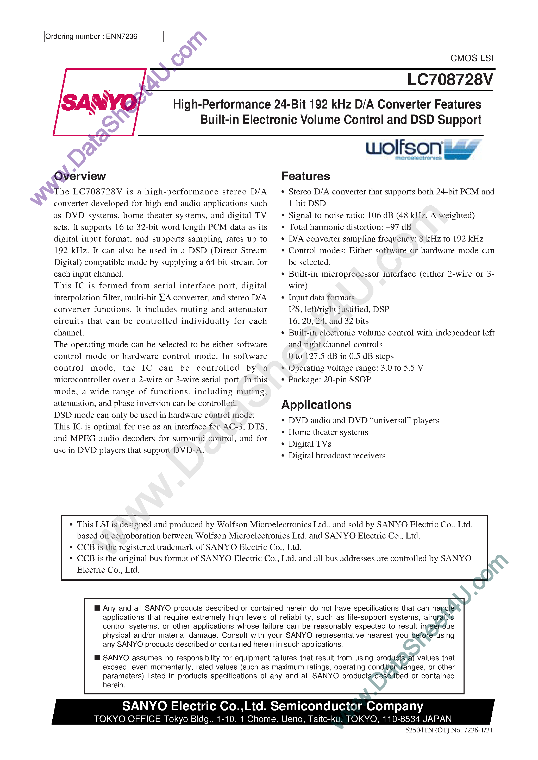 Datasheet LC708728V page 1 Datasheet LC708728V - High Performance 24-Bit D/A Converter Features page 1