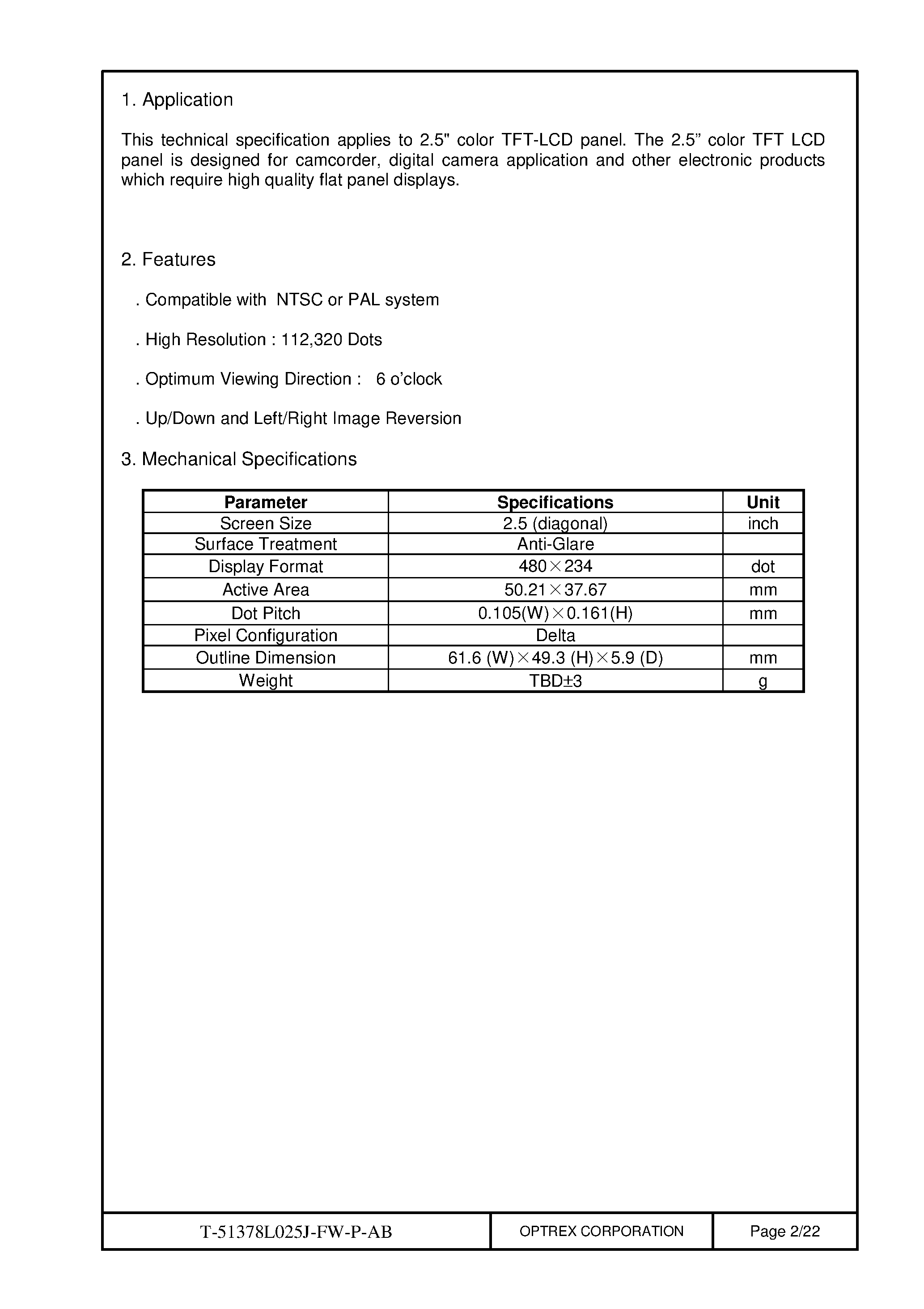 Datasheet T-51378L025J_FW_P_AB page 2 Datasheet T-51378L025J_FW_P_AB - TFT LCD MODULE page 2